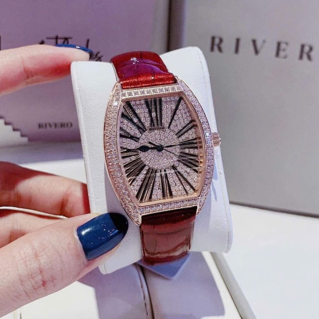 Đồng Hồ Nữ Rivero R2603 Dây Da Đỏ Vỏ Rose Gold Size 32mm Quartz Japan
