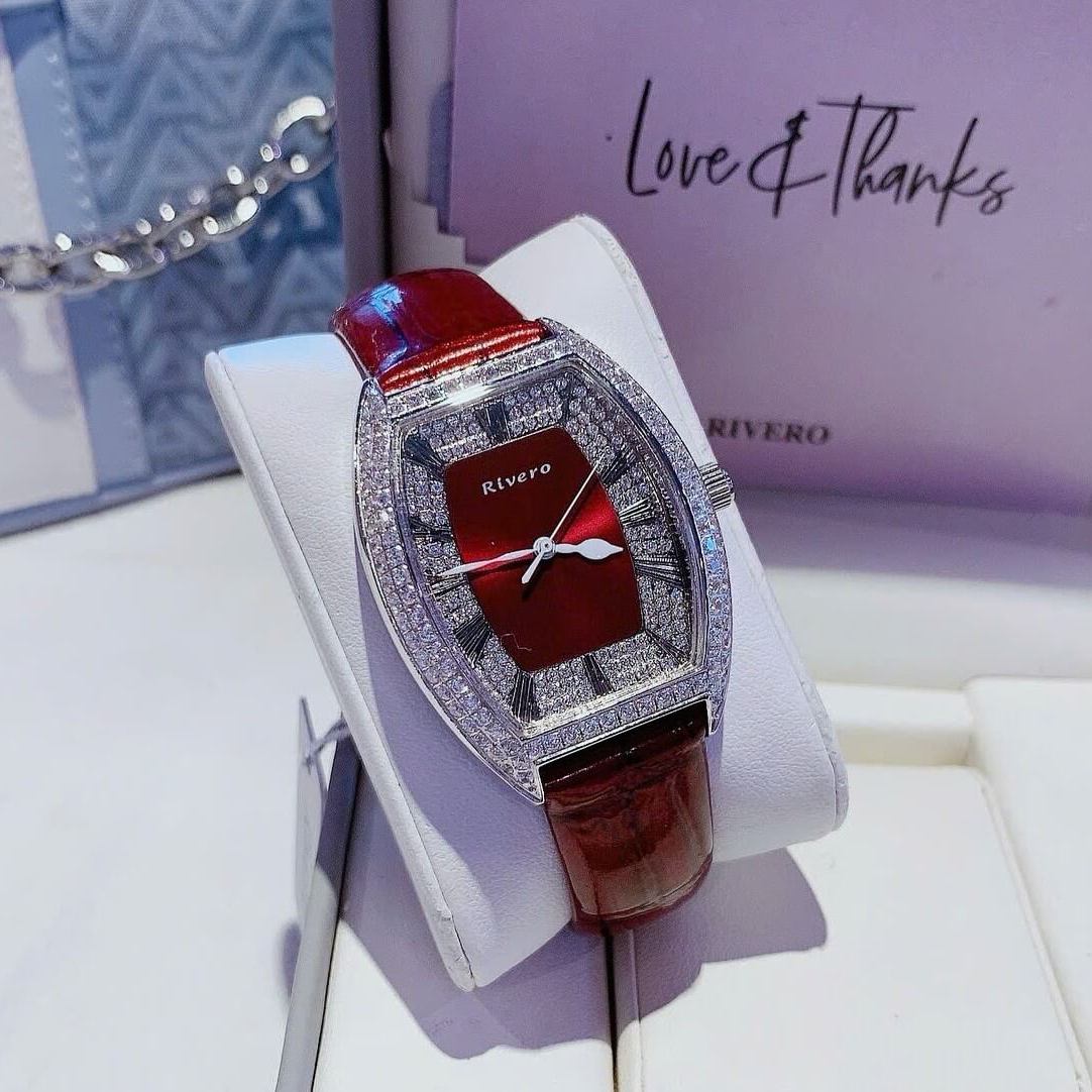 Đồng Hồ Nữ Rivero R9007 Dây Da Đỏ Đính Đá Mặt Oval Size 34mm Vỏ Thép Silver Quartz