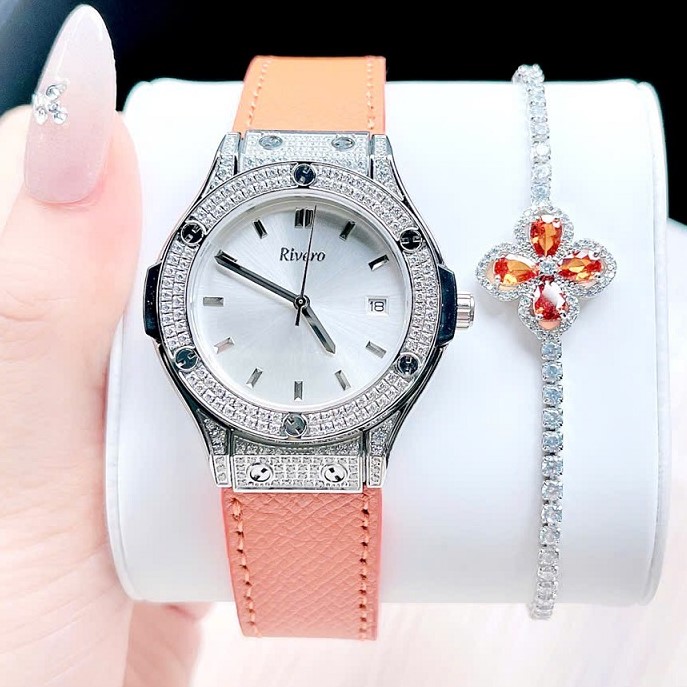 Đồng Hồ Nữ Rivero R9009 Dây Da Vỏ Màu Silver Đính Đá Size 34mm Chính Hãng