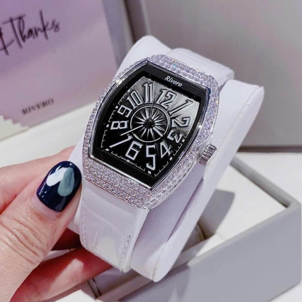 Đồng Hồ Nữ Rivero R9066 Mặt Ovan Dây Da Trắng Đính Đá Silver Size 32mm