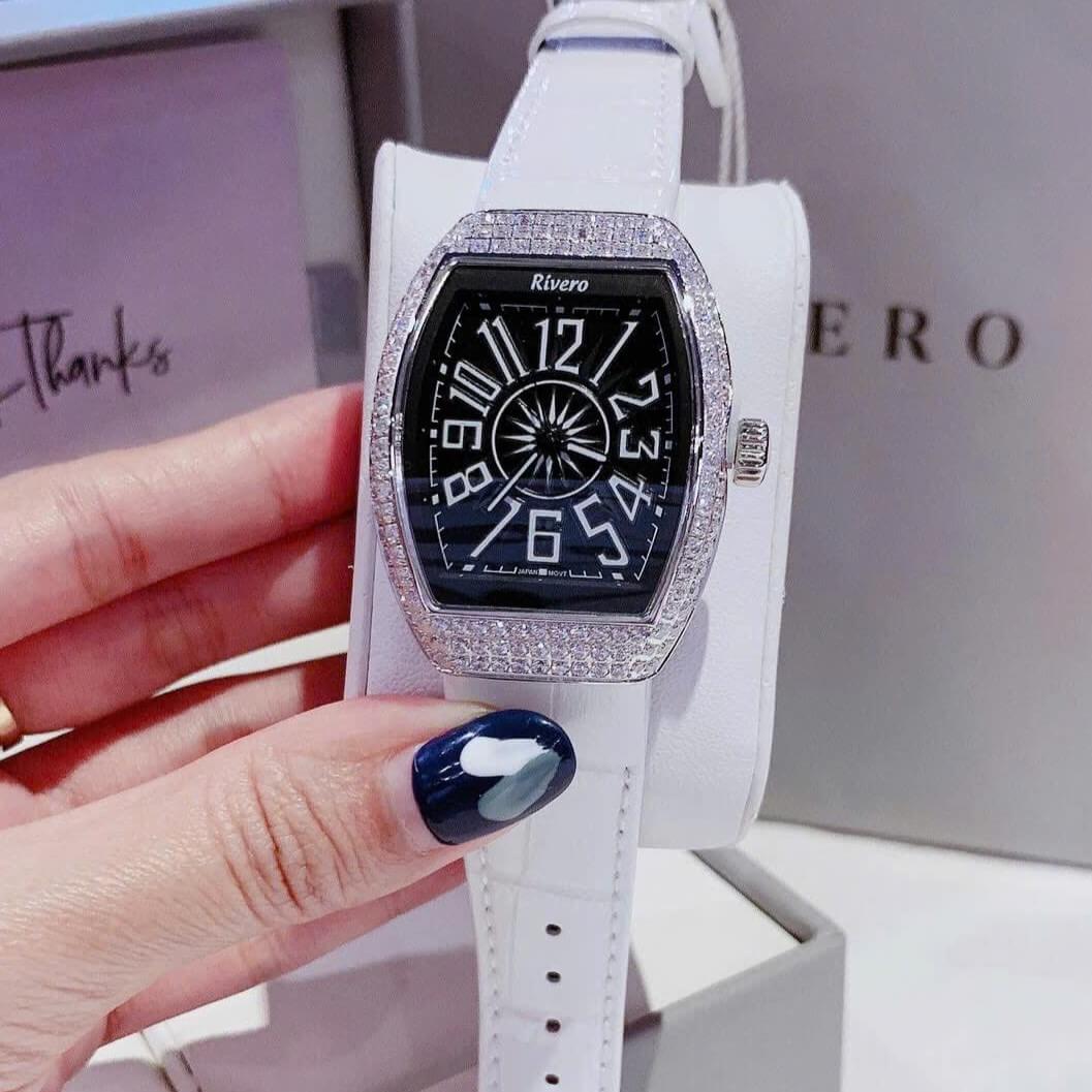 Đồng Hồ Nữ Rivero R9066 Mặt Ovan Dây Da Trắng Đính Đá Silver Size 32mm