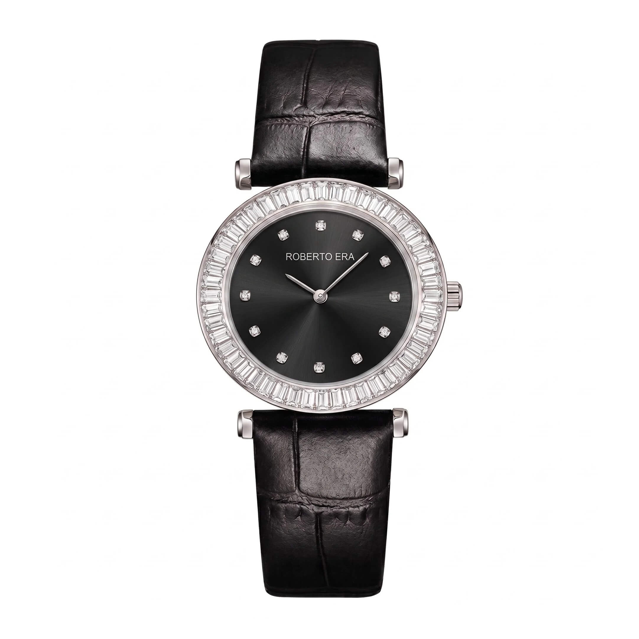 Đồng Hồ Nữ Roberto Era Chính Hãng Dây Da Đen Mặt Đen Đính Đá Silver Size 33mm RE1802
