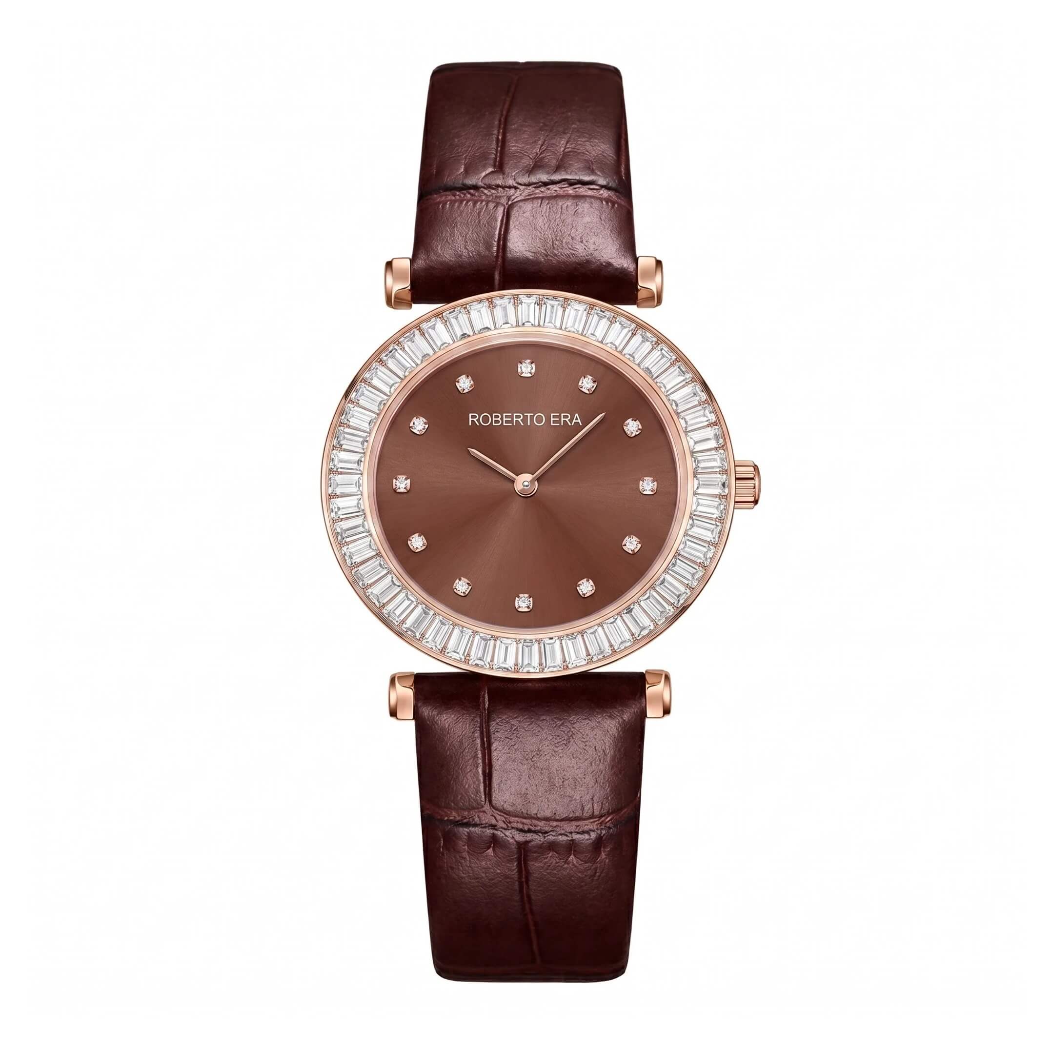 Đồng Hồ Nữ Roberto Era Chính Hãng Dây Da Nâu Mặt Nâu Đính Đá Rose Gold Size 33mm RE1800