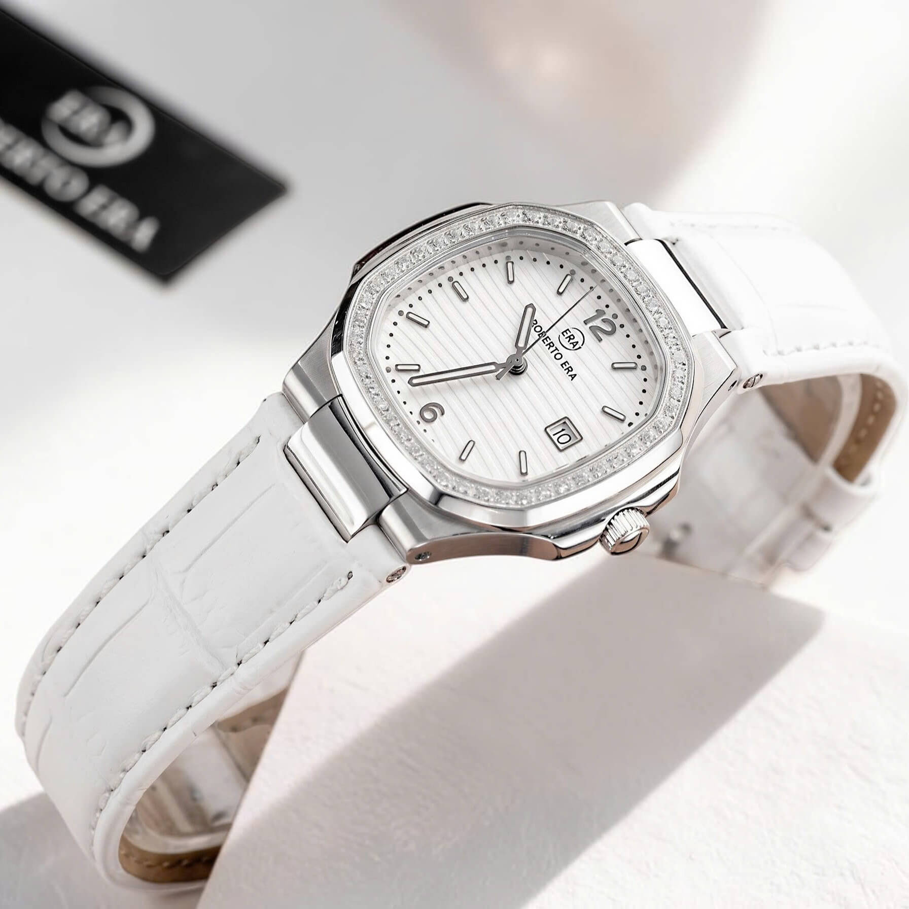 Đồng Hồ Nữ Roberto Era Chính Hãng Dây Da Trắng Mặt Trắng Vỏ Thép Silver Size 20x30mm RE150