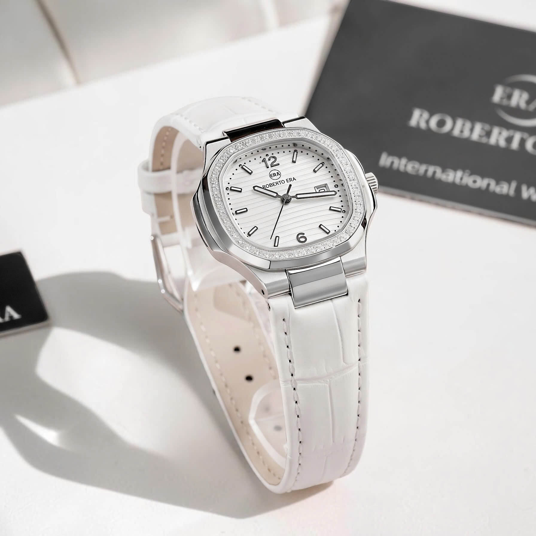 Đồng Hồ Nữ Roberto Era Chính Hãng Dây Da Trắng Mặt Trắng Vỏ Thép Silver Size 20x30mm RE150