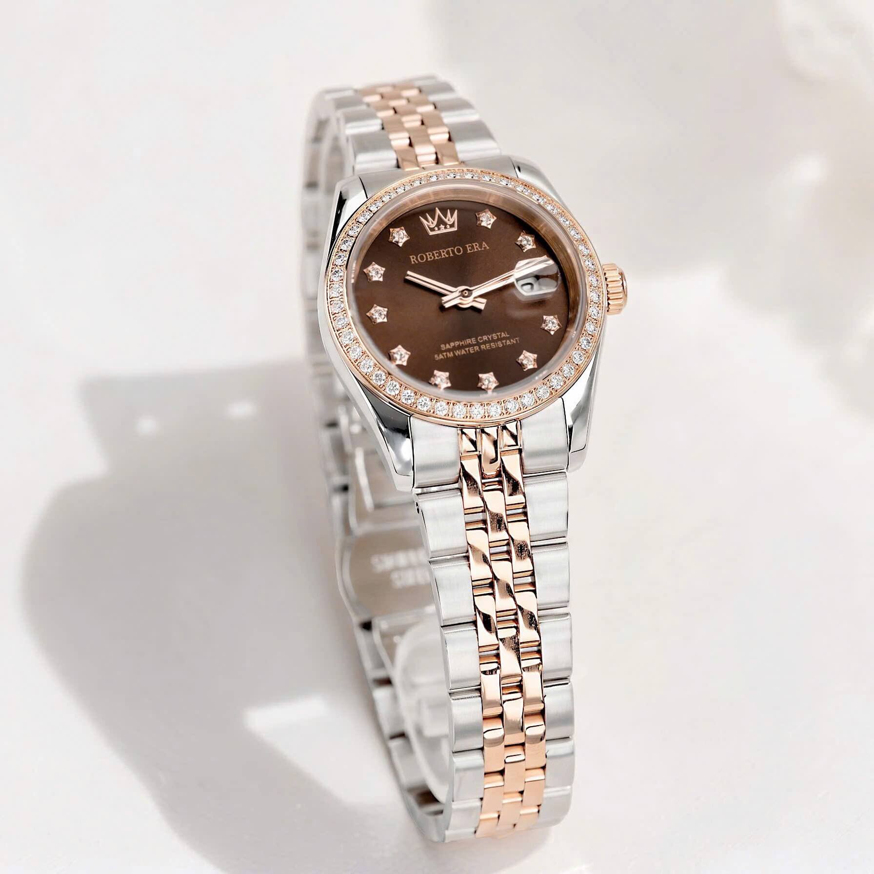 Đồng Hồ Nữ Roberto Era Chính Hãng Dây Demi Rose Mặt Nâu Size 28mm Viền Đính Đá RE1200A