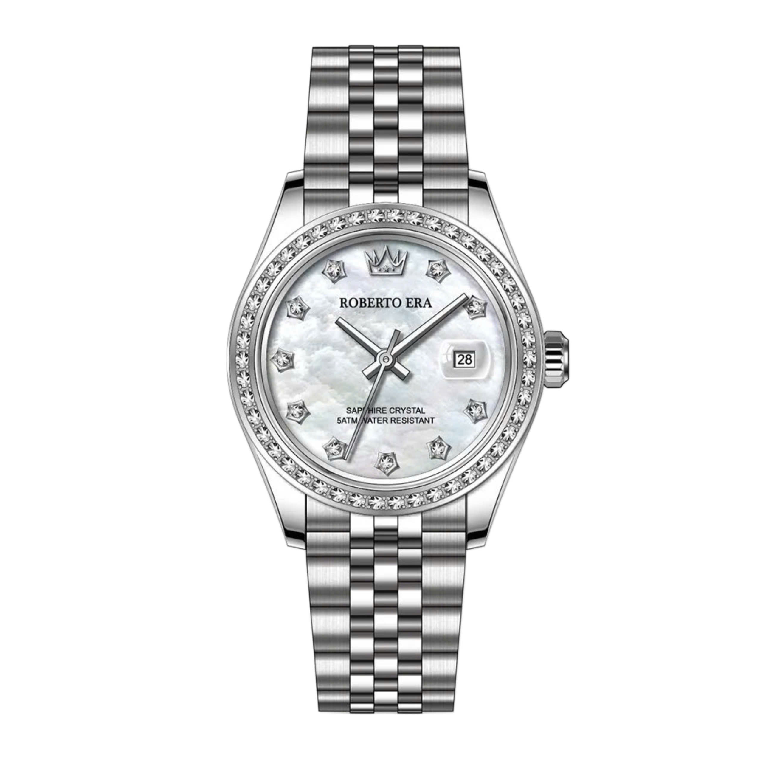 Đồng Hồ Nữ Roberto Era Chính Hãng Dây Thép Bạc Mặt Xà Cừ Trắng Size 28mm Viền Đính Đá RE1201A