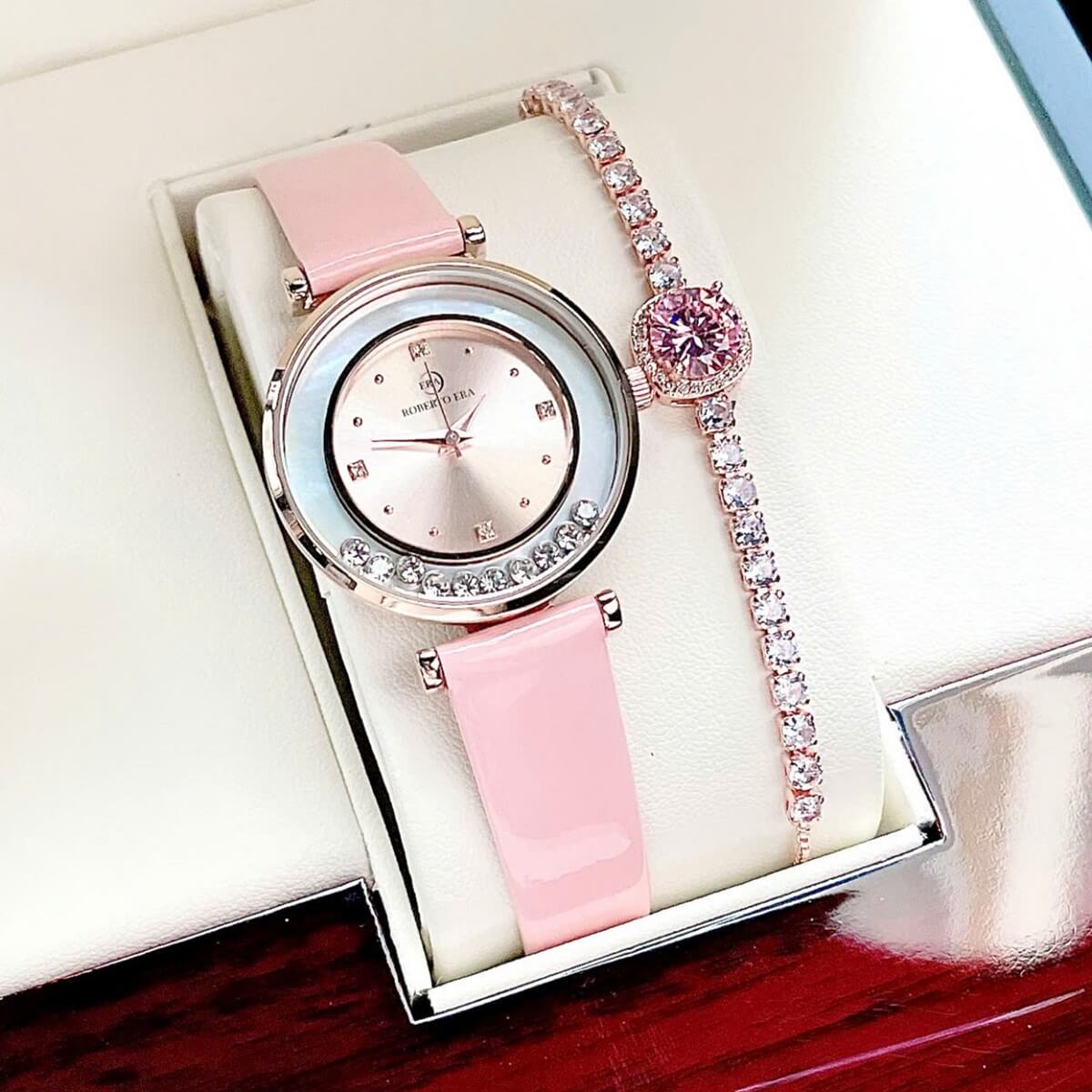 Đồng Hồ Nữ Roberto Era Dây Da Hồng Vỏ Vàng Hồng Đá Chảy Size 32mm