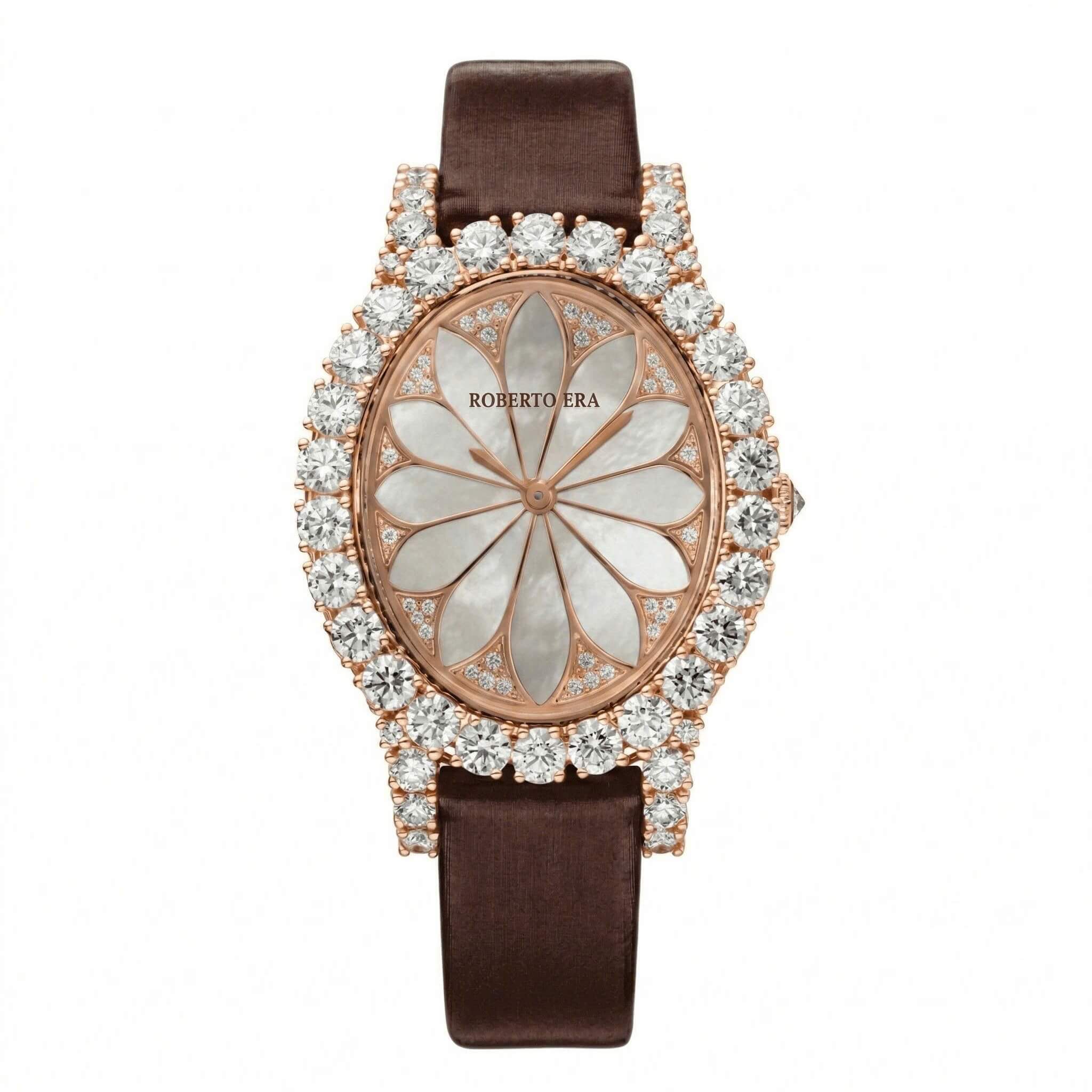 Đồng Hồ Nữ Roberto Era Dây Da Lụa Nâu Mặt Oval Họa Tiết 12 Cánh Hoa Vỏ Rose Size 33mm RE2206