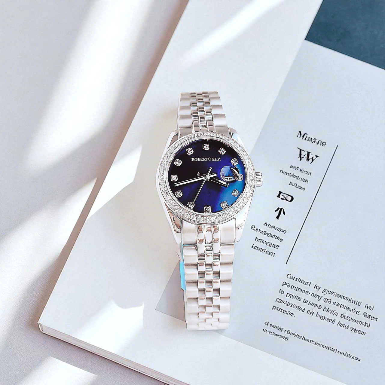 Đồng Hồ Nữ Roberto Era Dây Kim Loại Silver Mặt Xanh Đính Đá Size 32mm