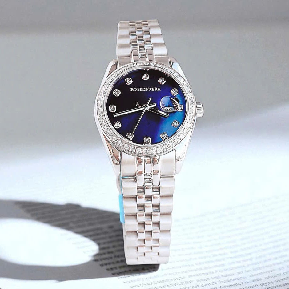 Đồng Hồ Nữ Roberto Era Dây Kim Loại Silver Mặt Xanh Đính Đá Size 32mm