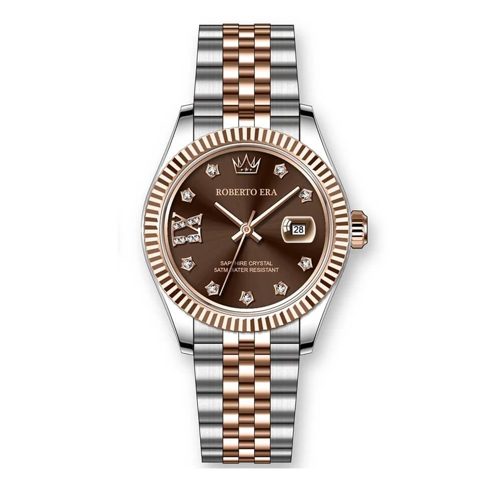 Đồng Hồ Nữ Roberto Era Dây Thép Demi Rose Mặt Nâu Chocolate Niềng Khía Size 28mm RE1200