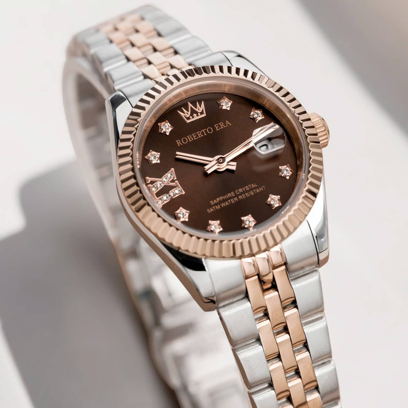 Đồng Hồ Nữ Roberto Era Dây Thép Demi Rose Mặt Nâu Chocolate Niềng Khía Size 28mm RE1200