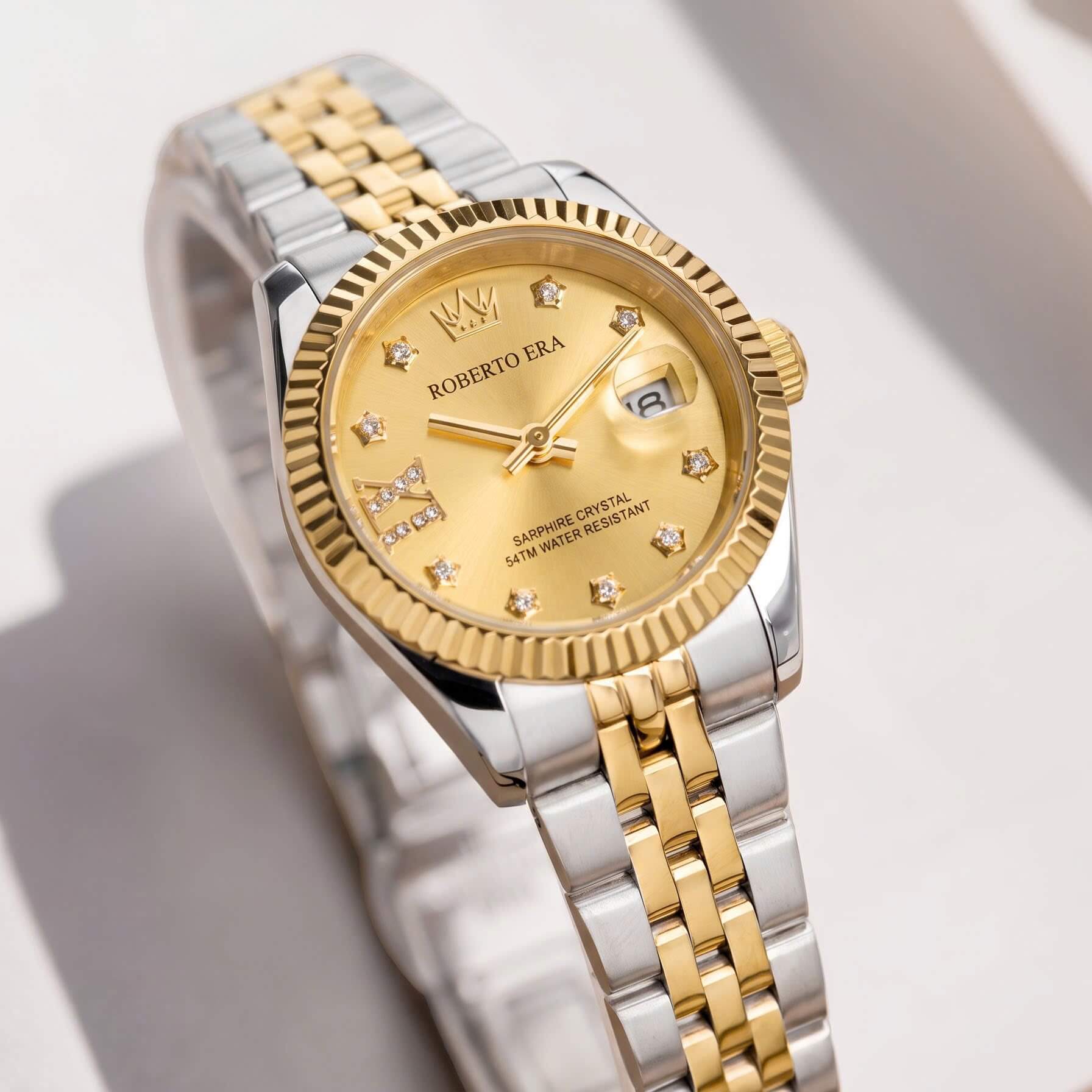 Đồng Hồ Nữ Roberto Era Dây Thép Demi Vàng Gold Mặt Vàng Niềng Khía Size 28mm RE1202