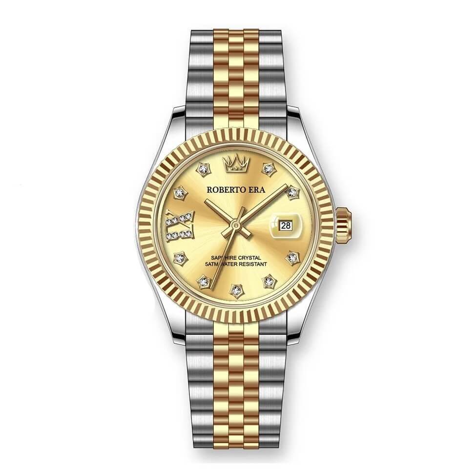 Đồng Hồ Nữ Roberto Era Dây Thép Demi Vàng Gold Mặt Vàng Niềng Khía Size 28mm RE1202