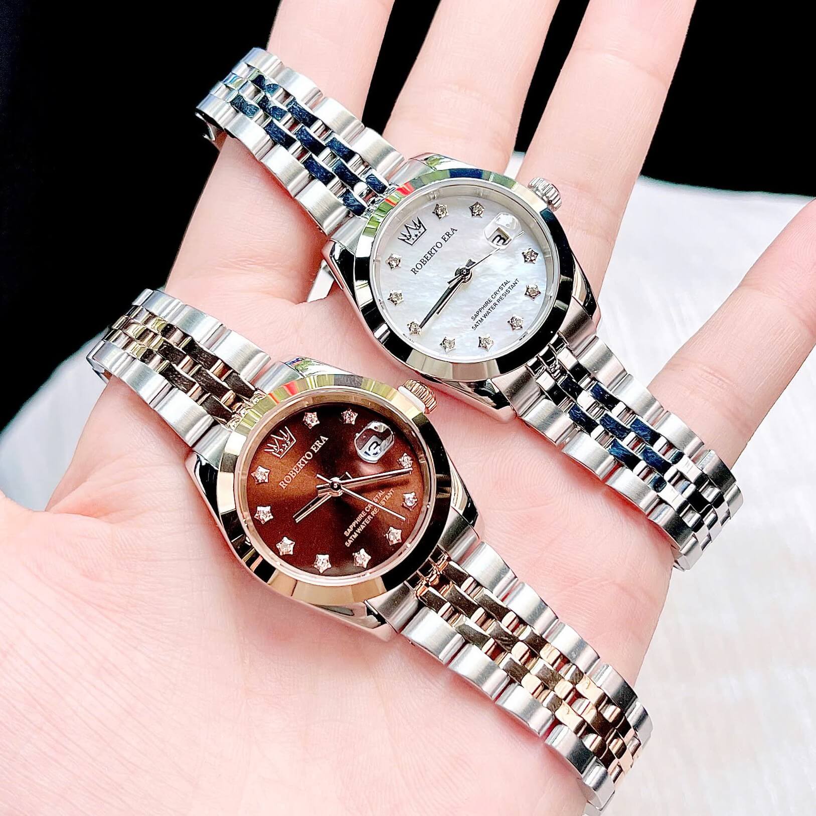 Đồng Hồ Nữ Roberto Era Dây Thép Demi Vàng Hồng Mặt Nâu Chocolate Niềng Trơn Size 28mm RE1200B