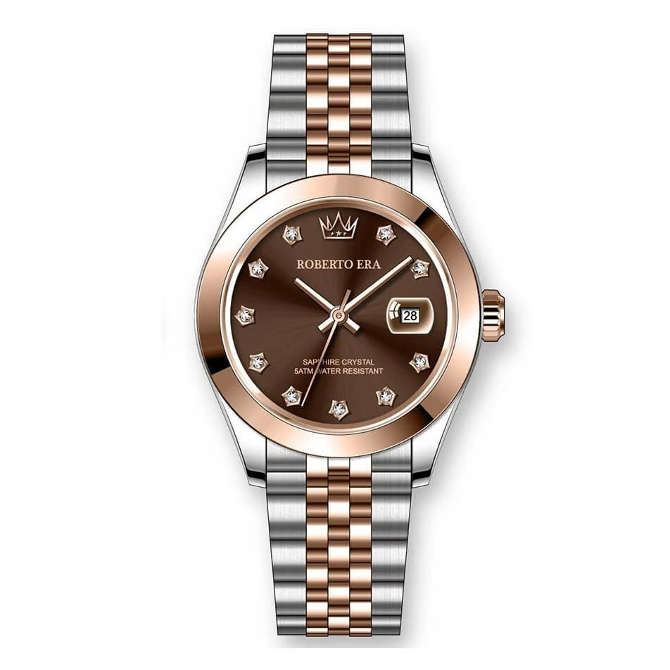 Đồng Hồ Nữ Roberto Era Dây Thép Demi Vàng Hồng Mặt Nâu Chocolate Niềng Trơn Size 28mm RE1200B