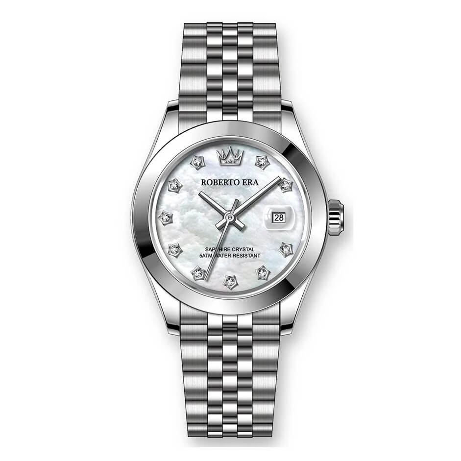 Đồng Hồ Nữ Roberto Era Dây Thép Silver Mặt Xà Cừ Trắng Niềng Trơn Size 28mm RE1201B