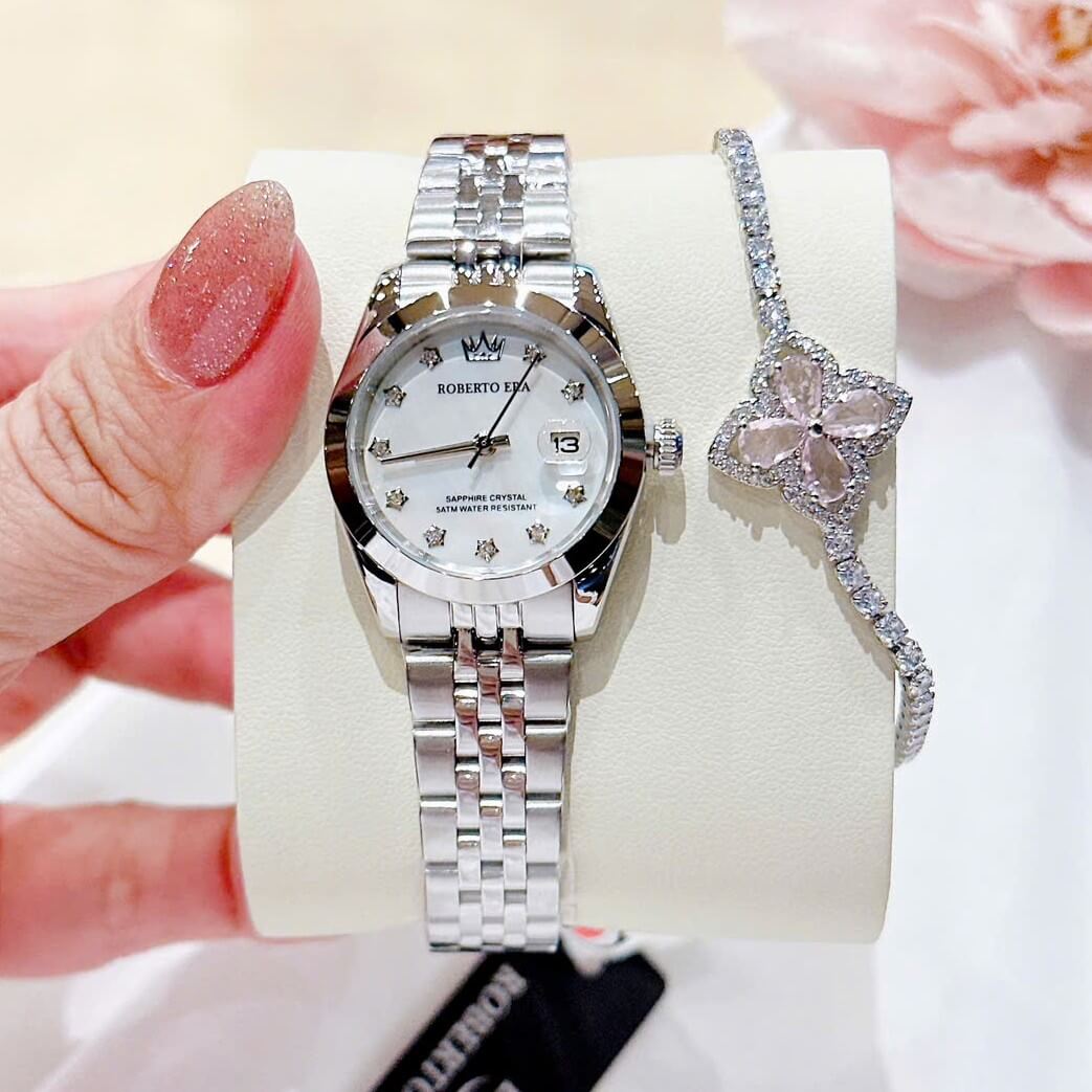Đồng Hồ Nữ Roberto Era Dây Thép Silver Mặt Xà Cừ Trắng Niềng Trơn Size 28mm RE1201B
