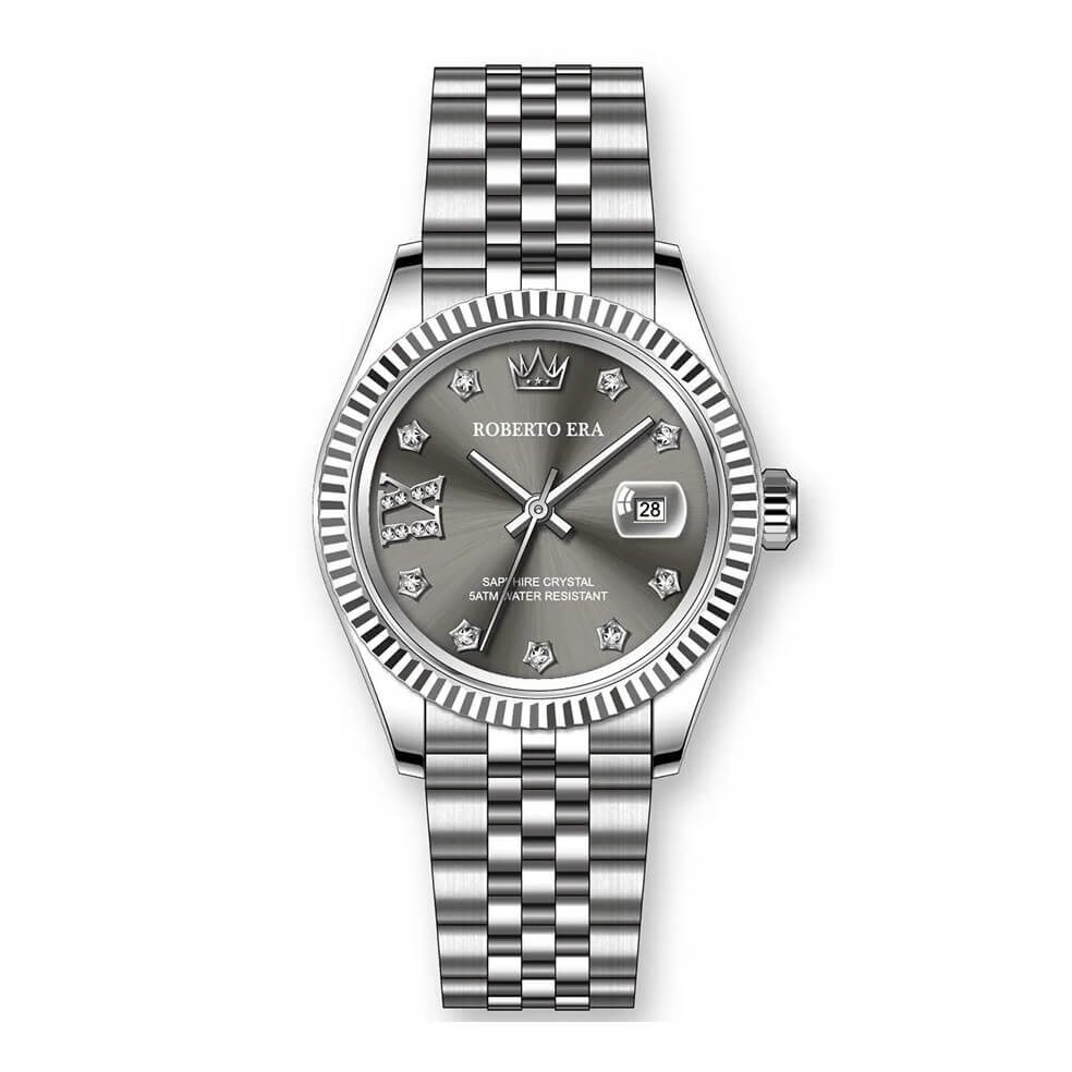 Đồng Hồ Nữ Roberto Era Dây Thép Silver Mặt Xám Niềng Khía Size 28mm RE1204