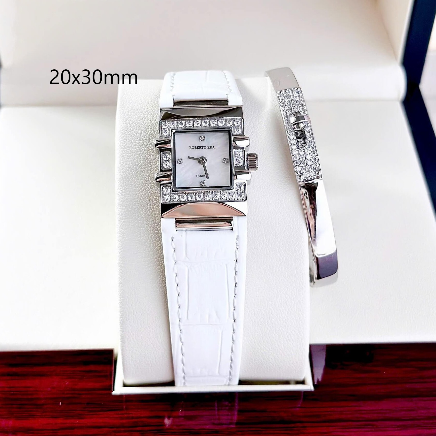 Đồng Hồ Nữ Roberto Era RE1615 Dây Da Trắng Mặt Trắng Size 20x30mm Tặng Kèm Lắc Tay