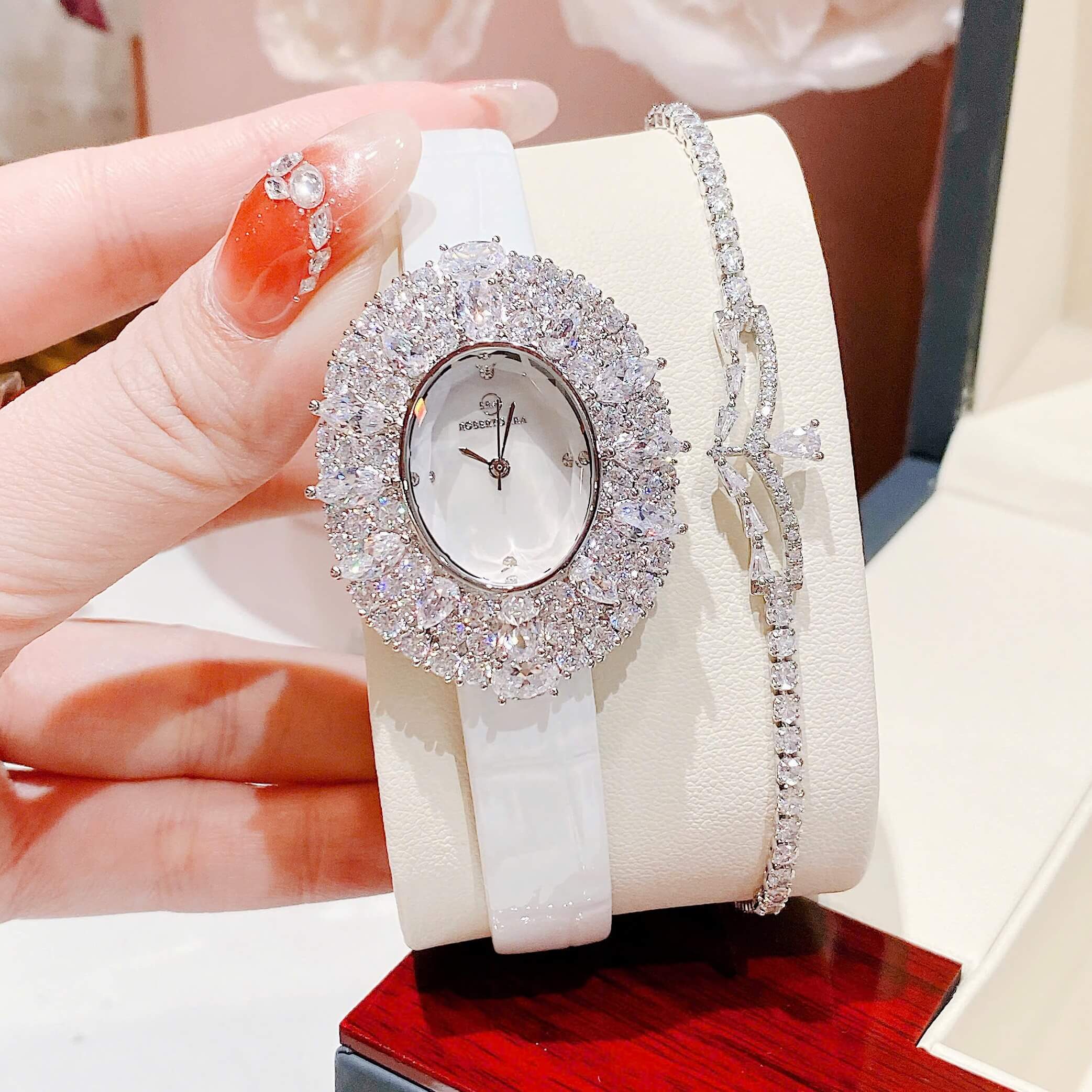Đồng Hồ Nữ Roberto Era RE5028 Dây Da Trắng Mặt Oval Đính Đá Size 34mm Chính Hãng