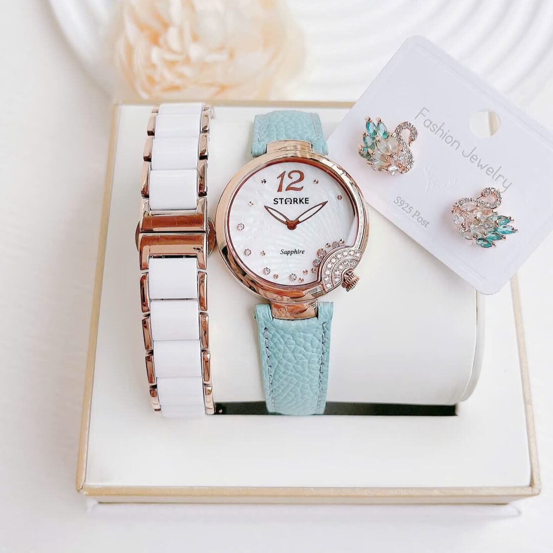 Set Đồng Hồ Nữ Starke SK053 Dây Ceramic Trắng Vỏ Vàng Hồng Size 32mm