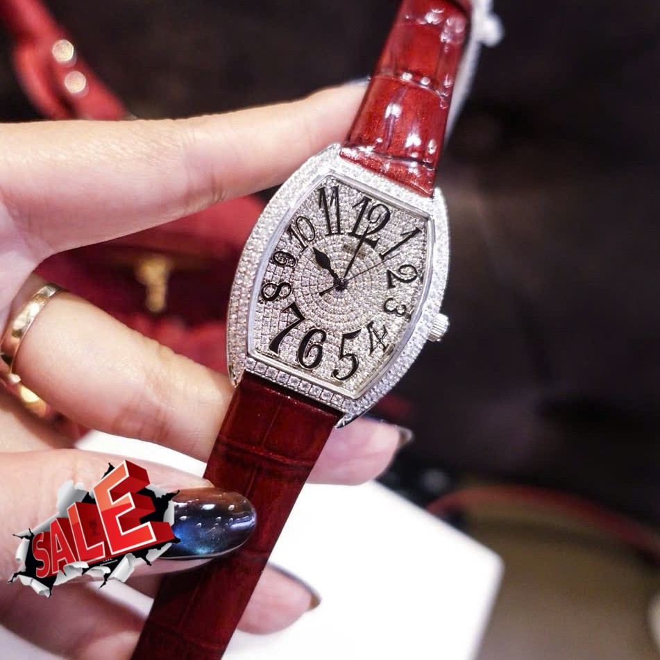 Đồng hồ Rivero nữ chính hãng, đồng hồ Rivero dây da đỏ mặt đính đá R2403 size 34mm