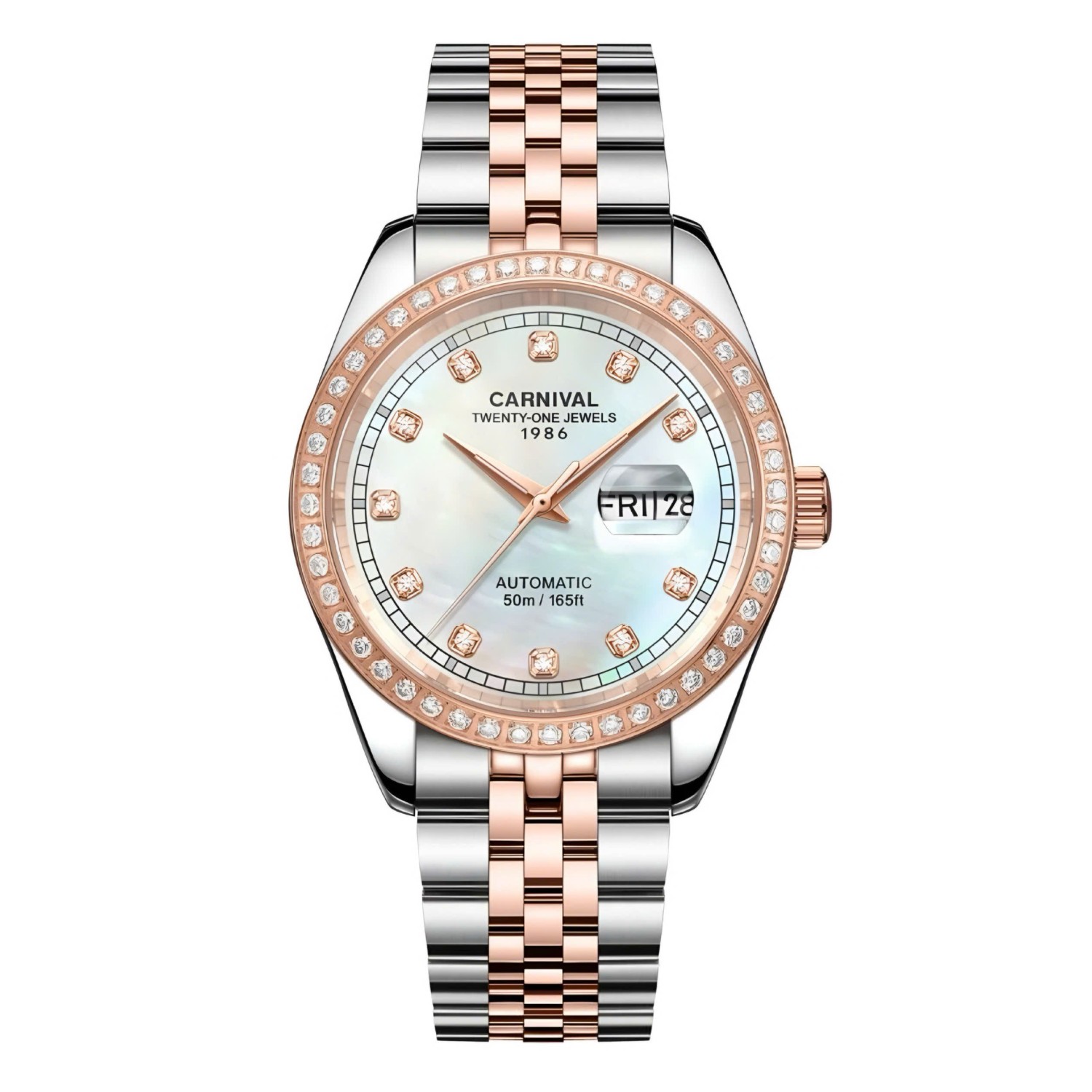 Đồng Hồ Nam Carnival 8131G2-CH-TK Automatic Dây Demi Vàng Hồng Mặt Xà Cừ Trắng Size 40mm