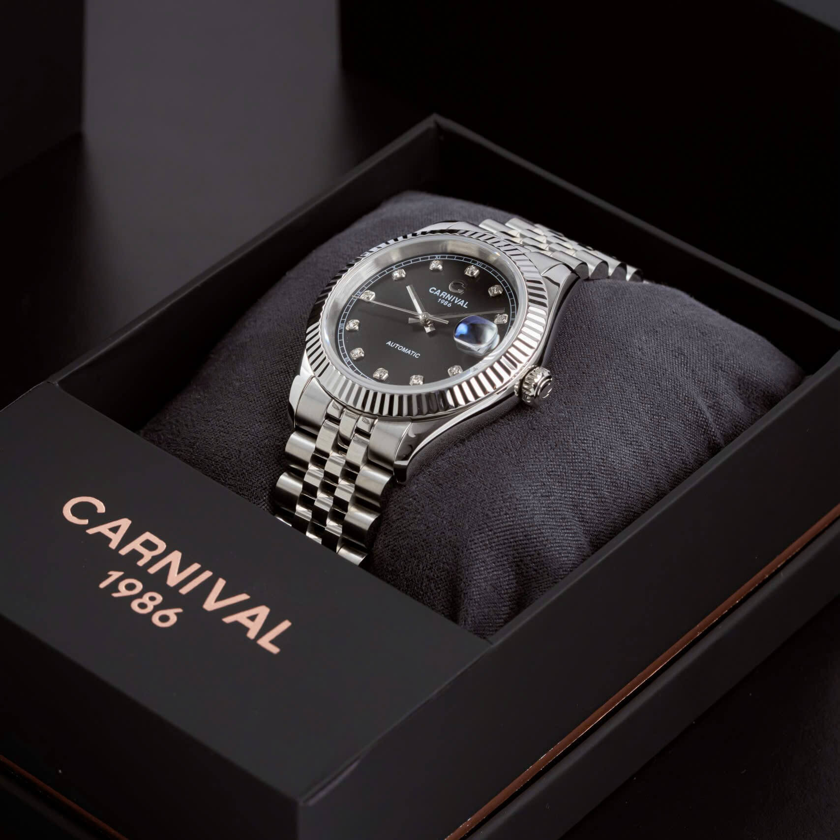 Đồng Hồ Nam Carnival 8250G-VT-D Automatic Dây Thép Bạc Mặt Đen Size 38mm