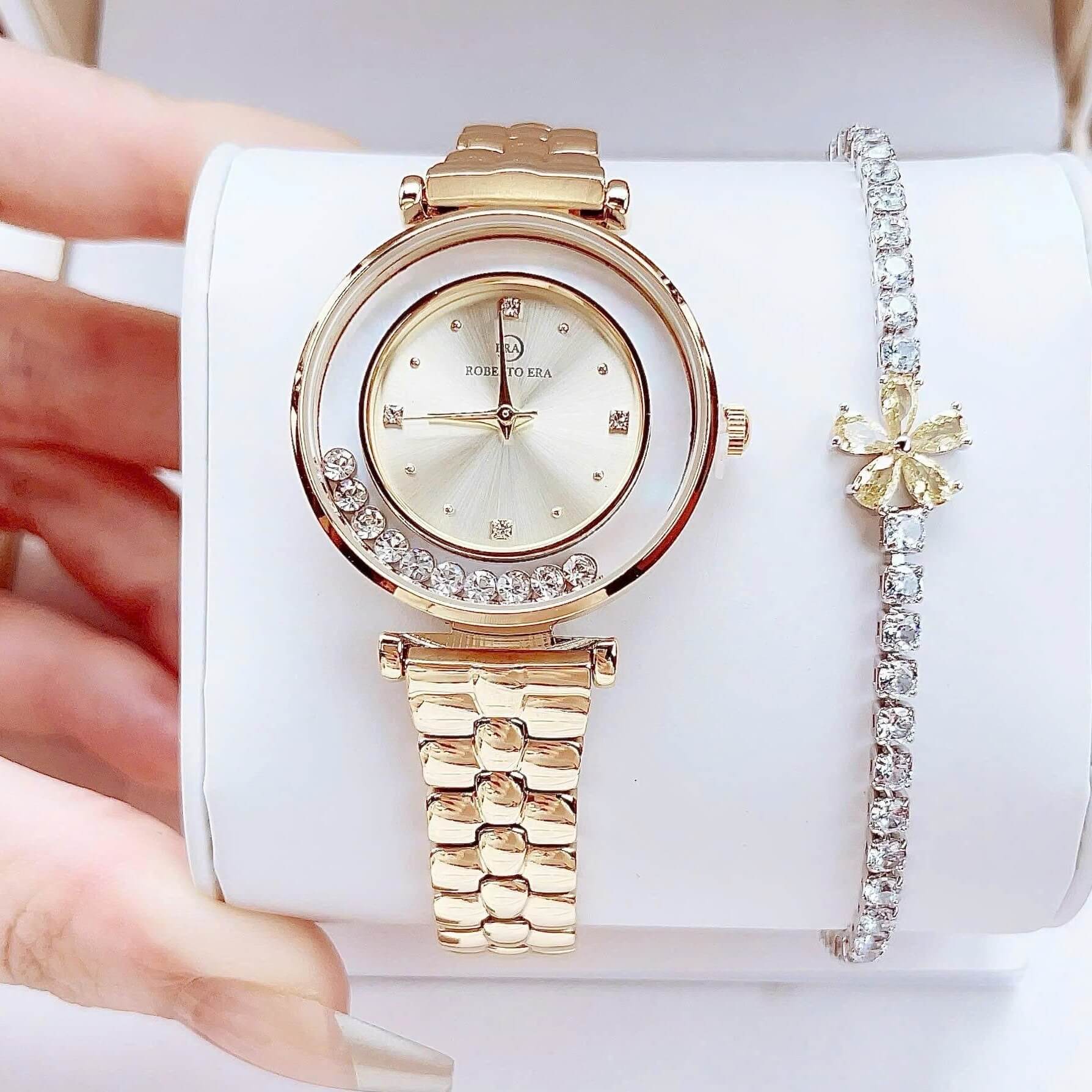 Set đồng hồ nữ chính hãng Roberto Era RE084 dây da vàng size 32mm, kèm bộ dây kim loại và phụ kiện