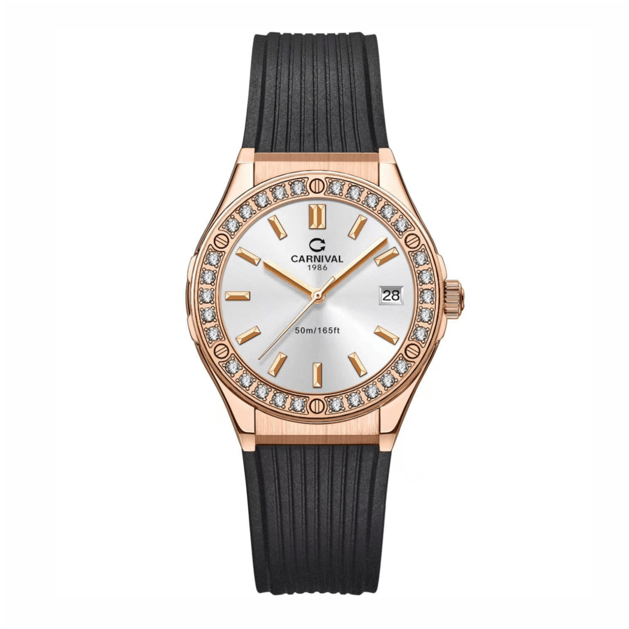 Đồng Hồ Nữ Carnival 8168L2 Dây Cao Su Đen Mặt Trắng Đính Đá Rose Size 34mm Quartz 8168L2-VH-DCS-T