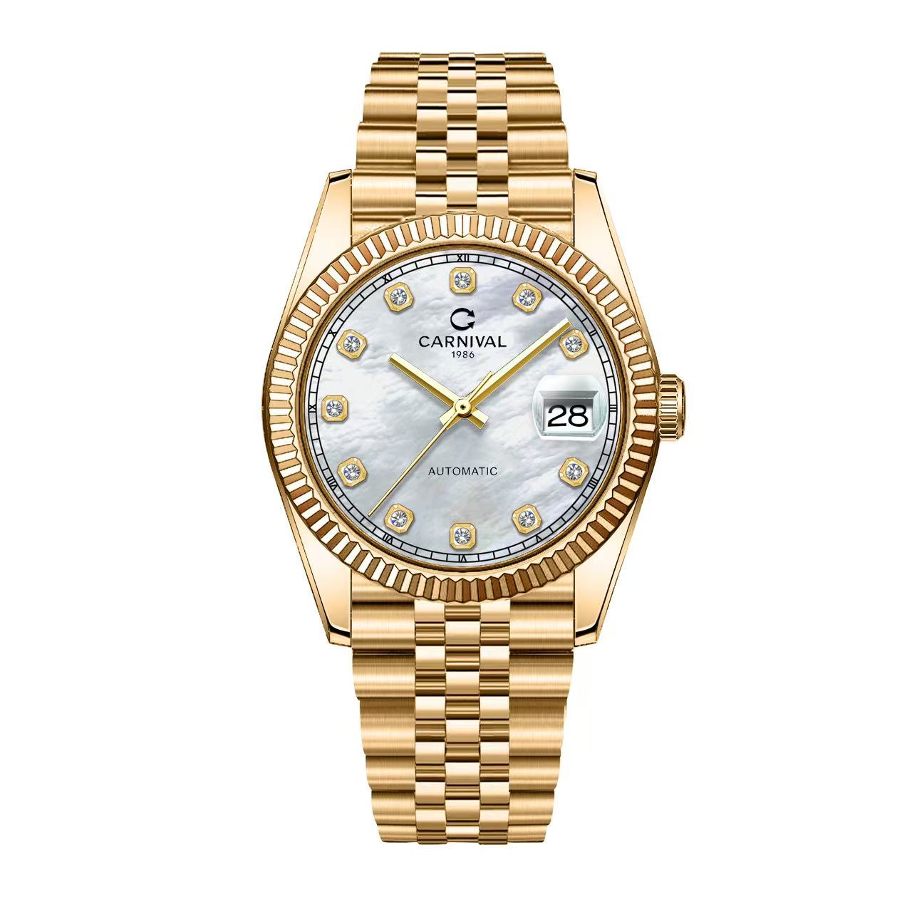 Đồng Hồ Nam Carnival 8250G-VV-TK Automatic Dây Thép Vàng Mặt Xà Cừ Trắng Size 38mm