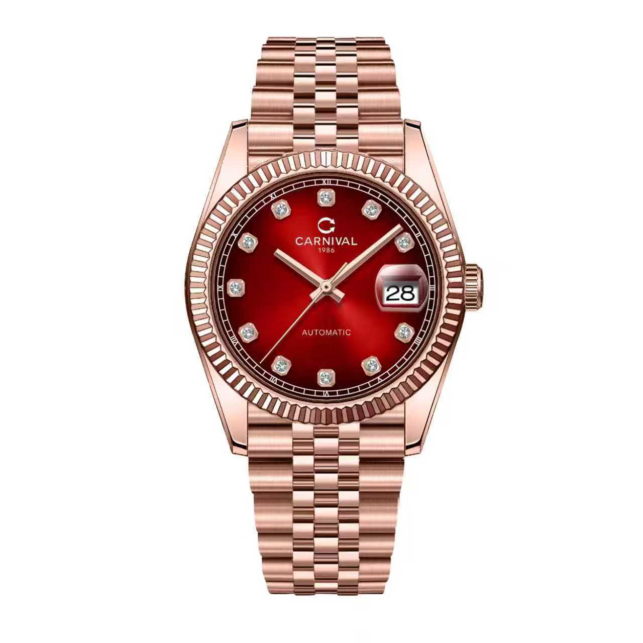 Đồng Hồ Nam Carnival 8250G-VH-DO Automatic Dây Thép Màu Vàng Hồng Mặt Đỏ Size 38mm