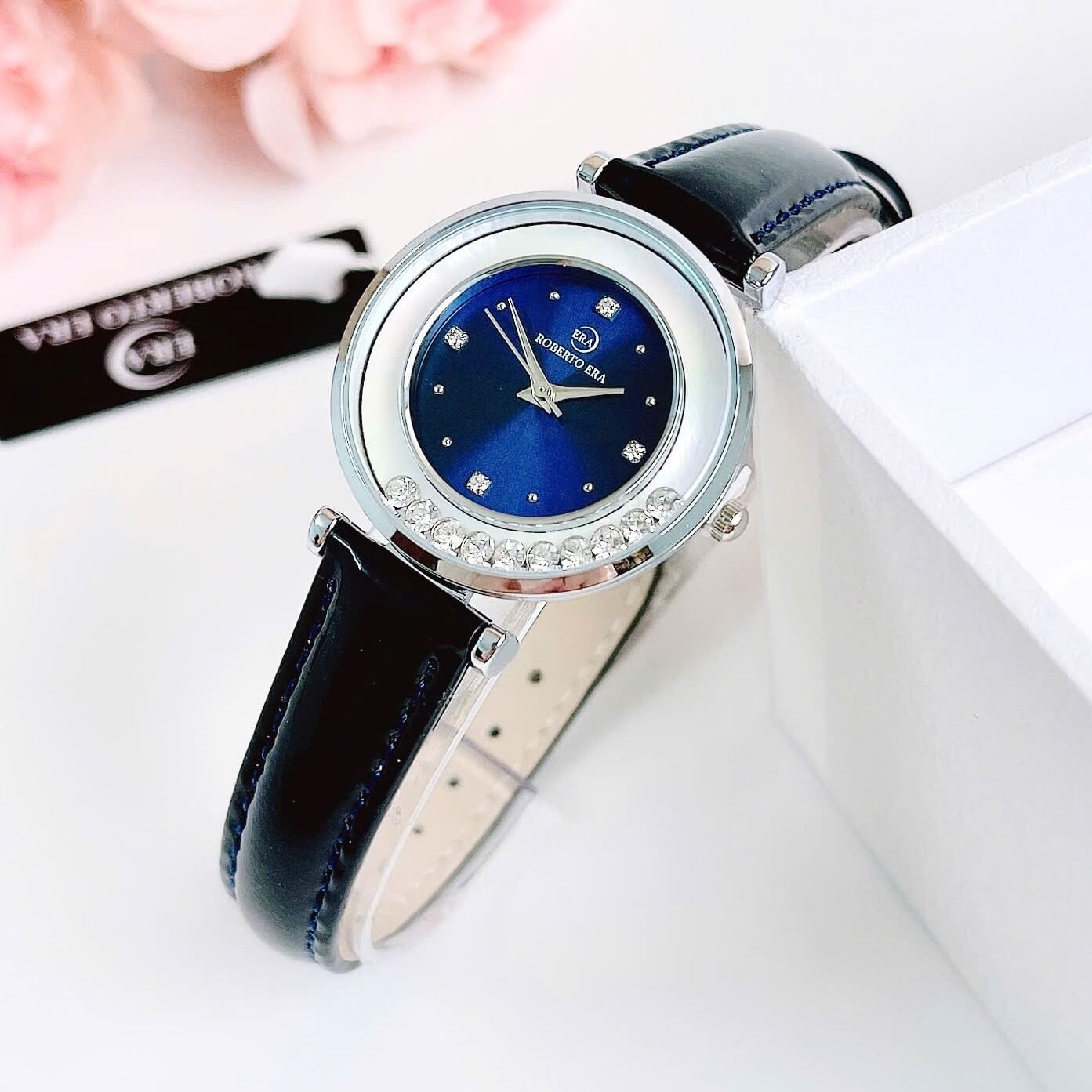Đồng hồ nữ chính hãng Roberto Era RE0847dây da xanh dương đậm mặt đá chảy size 32mm vỏ silver