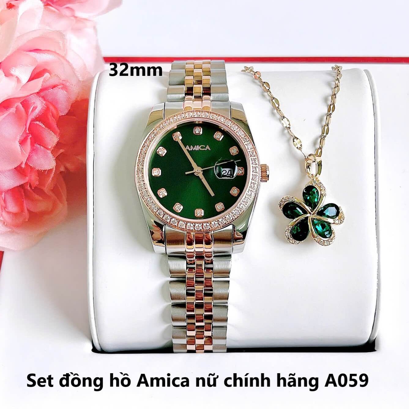 Set đồng hồ nữ Amica chính hãng màu demi vàng hồng mặt xanh lá size 32mm - Đồng hồ Amica A059