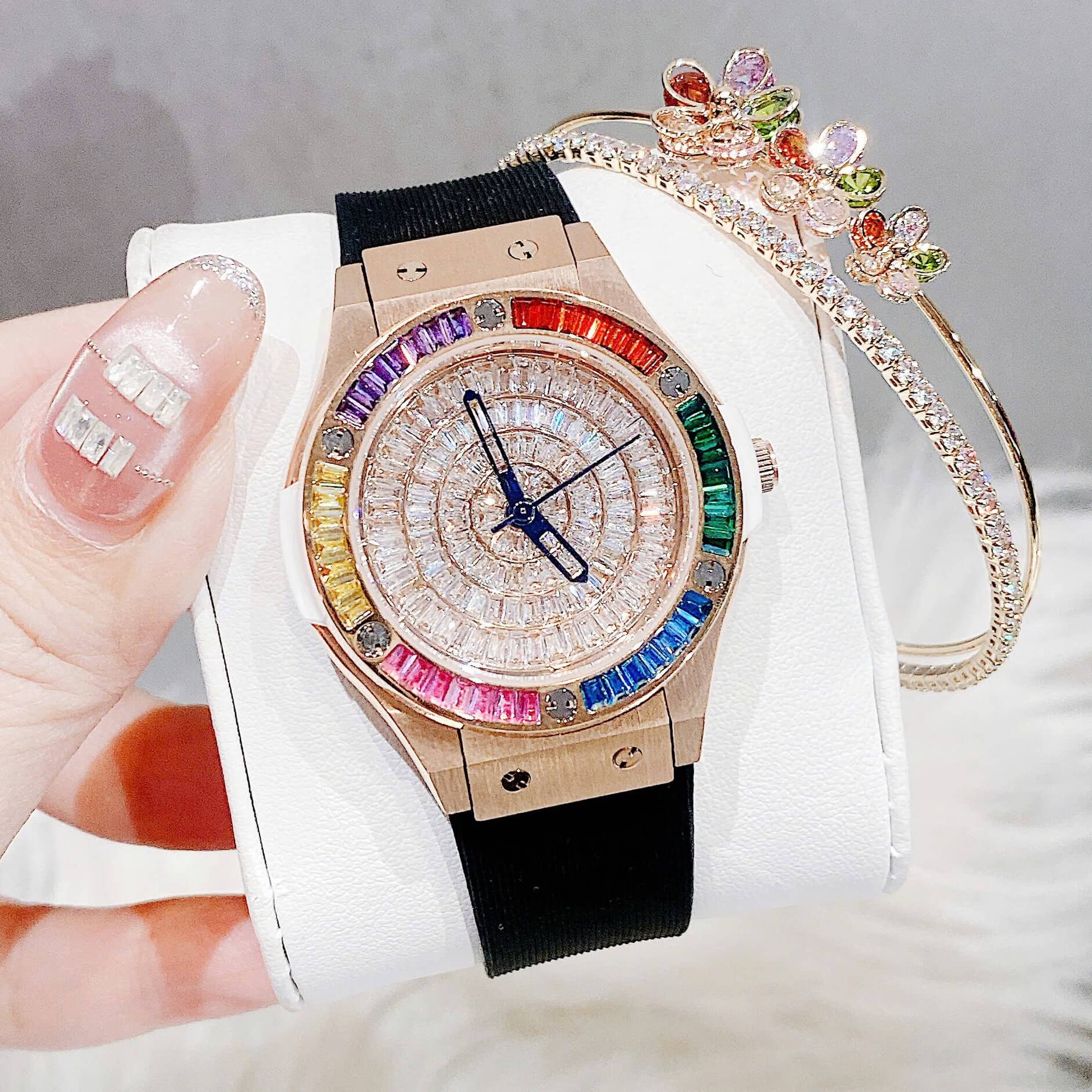 Đồng Hồ Nữ X-cer Dây Cao Su Đen Chính Hãng Vỏ Rose Đính Đá Màu Size 34mm B0639