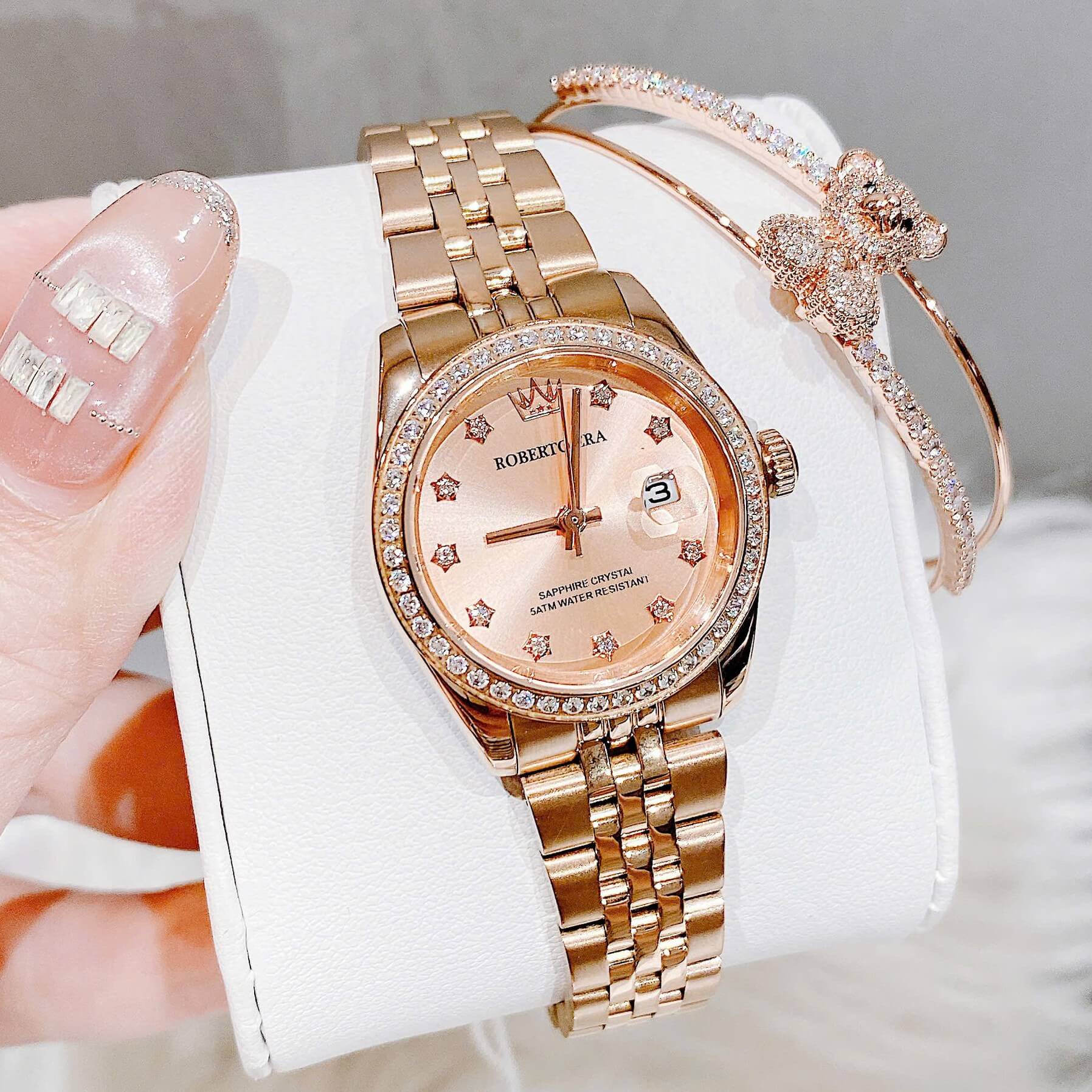 Đồng Hồ Nữ Roberto Era Dây Thép Vàng Hồng Viền Đá Size 28mm Roberto Era RE120