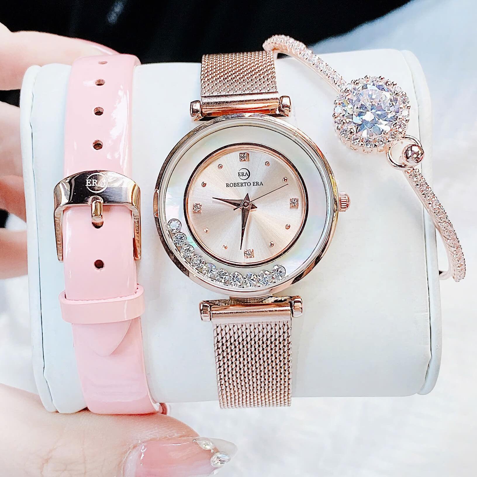 Set đồng hồ nữ chính hãng Roberto Era RE0843 dây da hồng vỏ rose size 32mm, kèm bộ dây kim loại và phụ kiện
