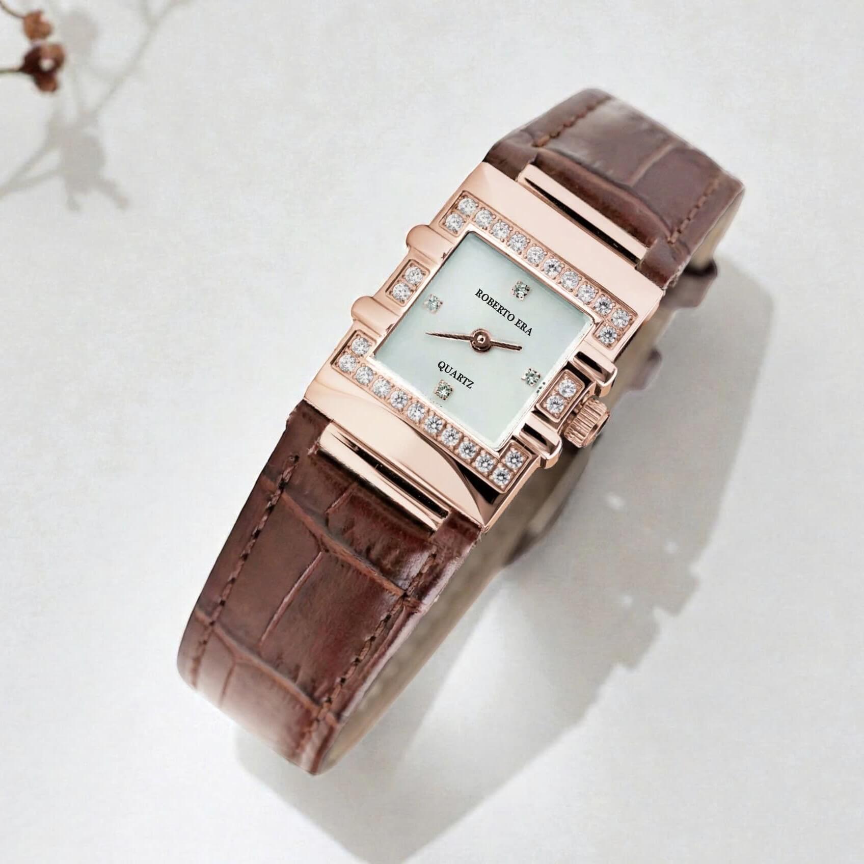 Đồng hồ nữ chính hãng Roberto Era RE1601 dây da nâu mặt trắng vuông size 20x30mm vỏ rose gold