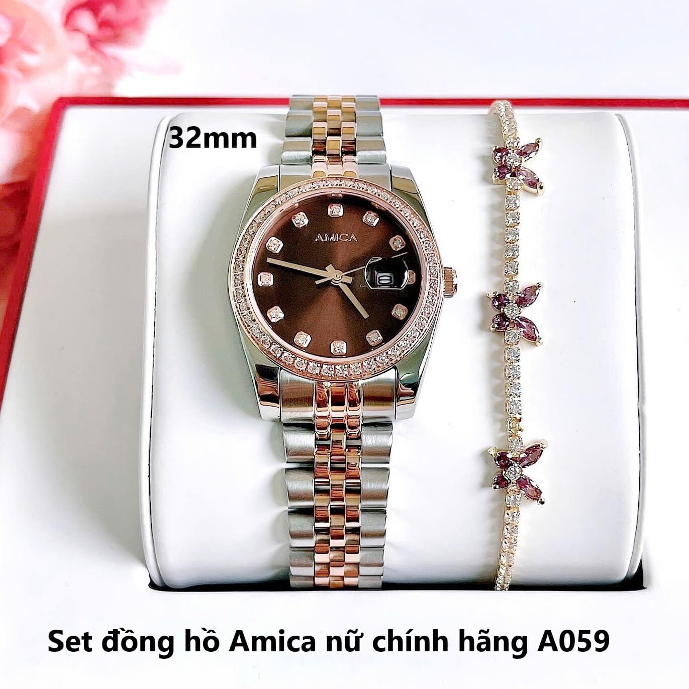 Set đồng hồ nữ Amica chính hãng màu demi vàng hồng mặt nâu size 32mm - Đồng hồ Amica A059