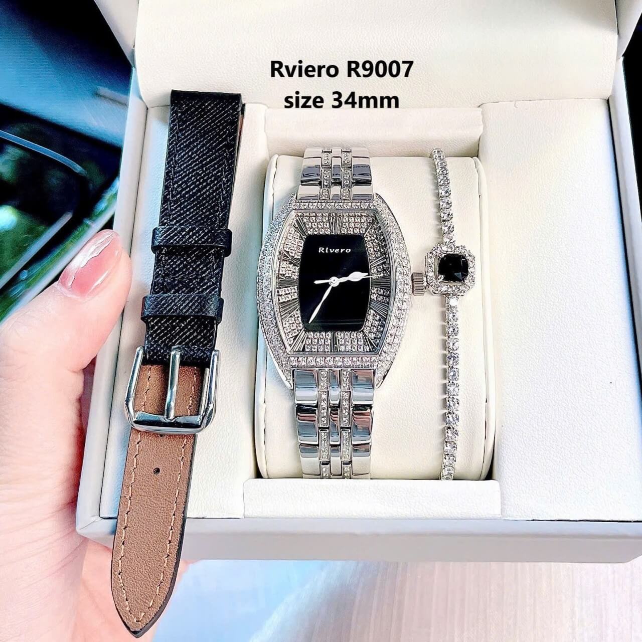 Set đồng hồ Rivero nữ chính hãng, đồng hồ Rivero R9007 dây kim loại bạc mặt đen size 34mm