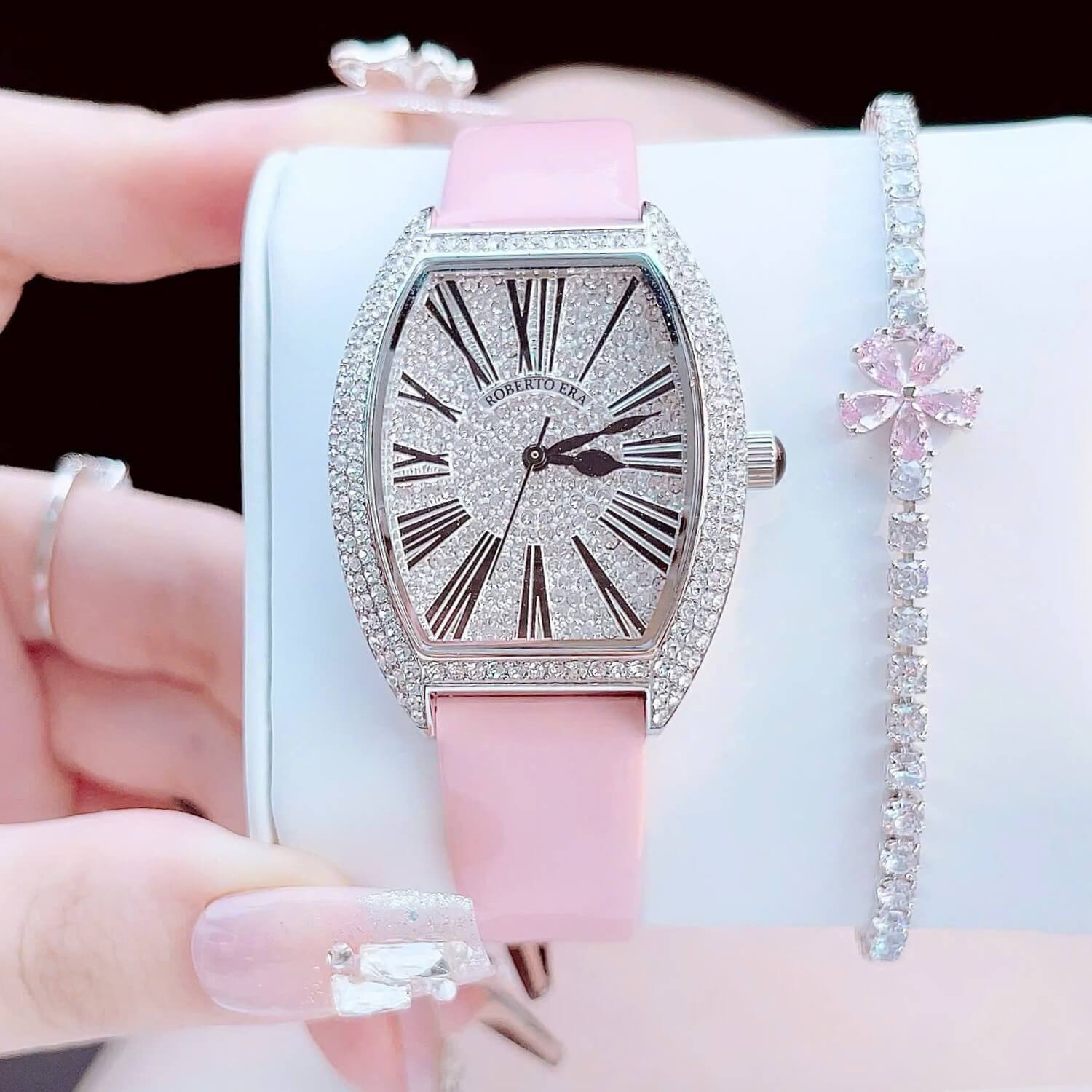 Set đồng hồ nữ chính hãng Roberto Era RE022 dây da hồng mặt số la mã vỏ silver size 36mm