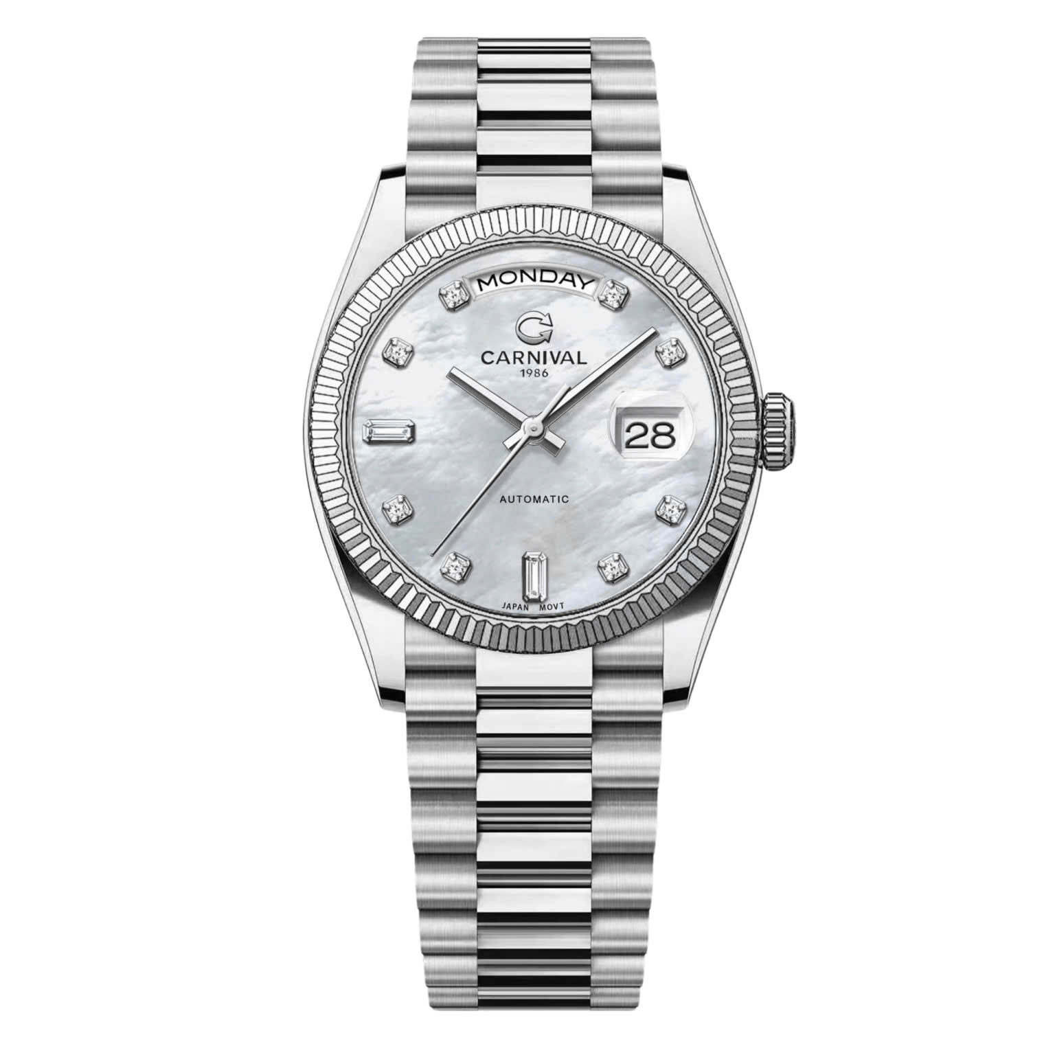Đồng Hồ Nam Carnival 8239G-VT-TK Automatic Dây Thép Bạc Mặt Xà Cừ Trắng Size 38mm Chính Hãng
