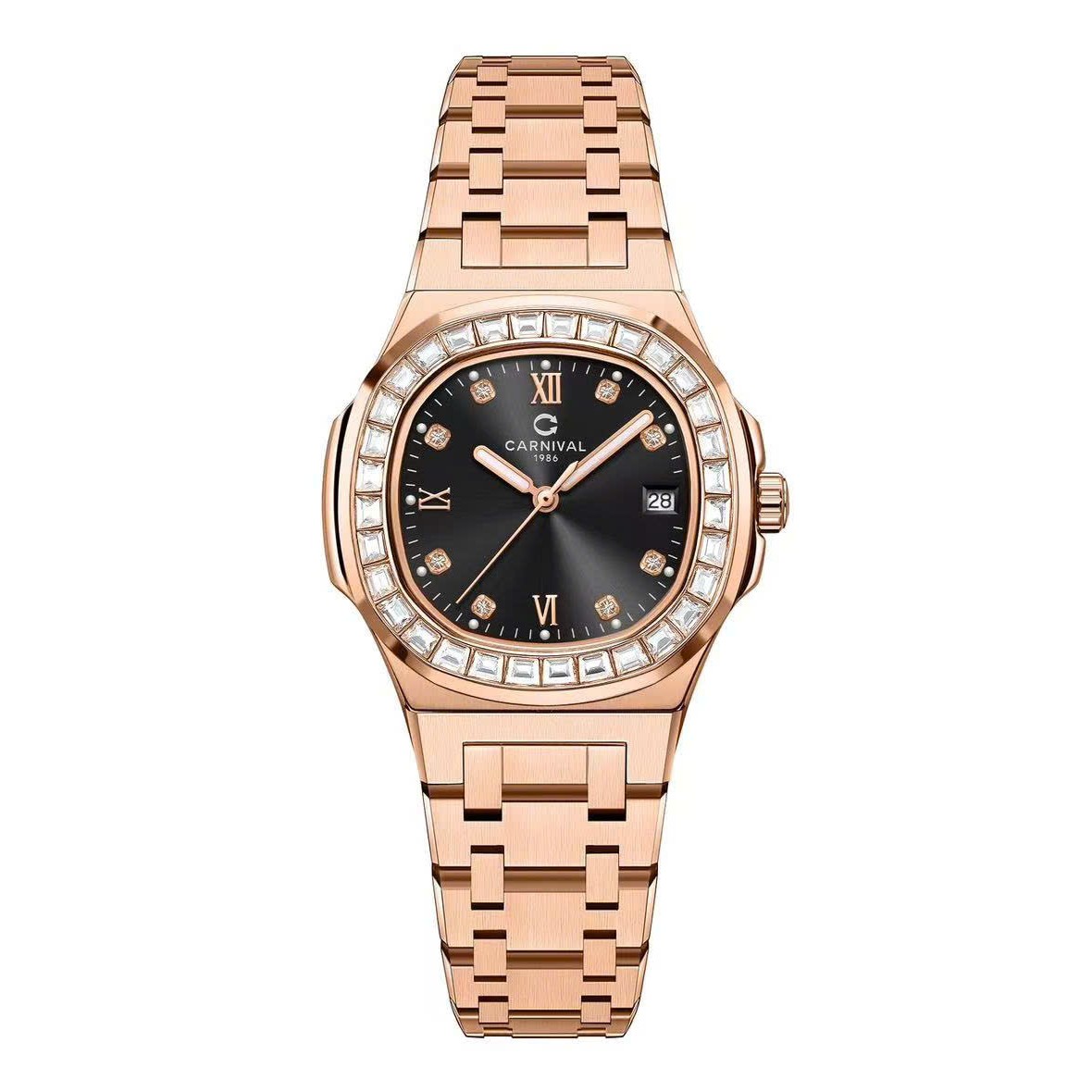 Đồng Hồ Nữ Carnival 8160L2-VH-D Vàng Hồng Mặt Đen Viền Đá Size 34mm Sapphire