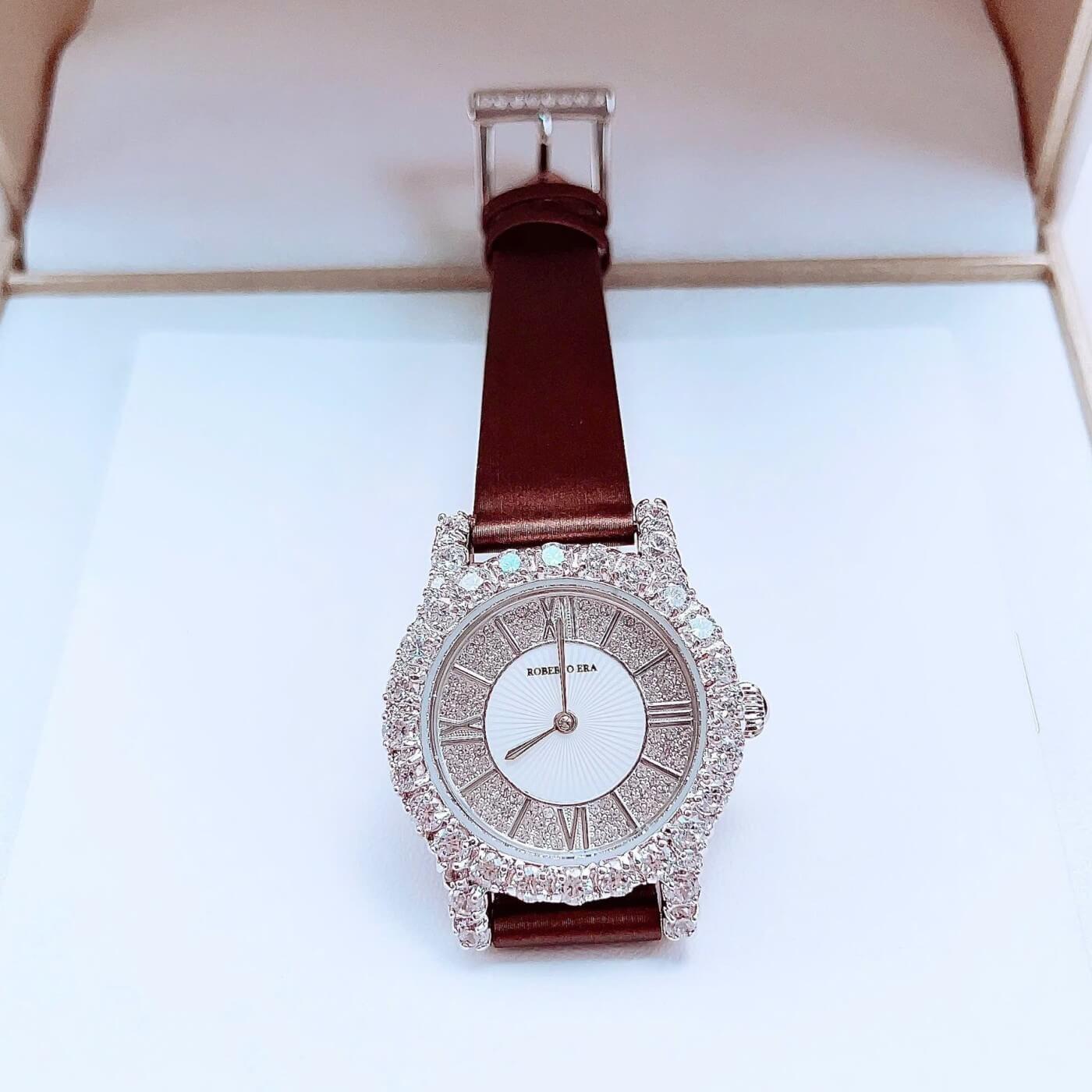Đồng hồ nữ chính hãng Roberto Era RE8340 dây da lụa màu nâu đất, mặt đồng hồ đính đá size 32mm