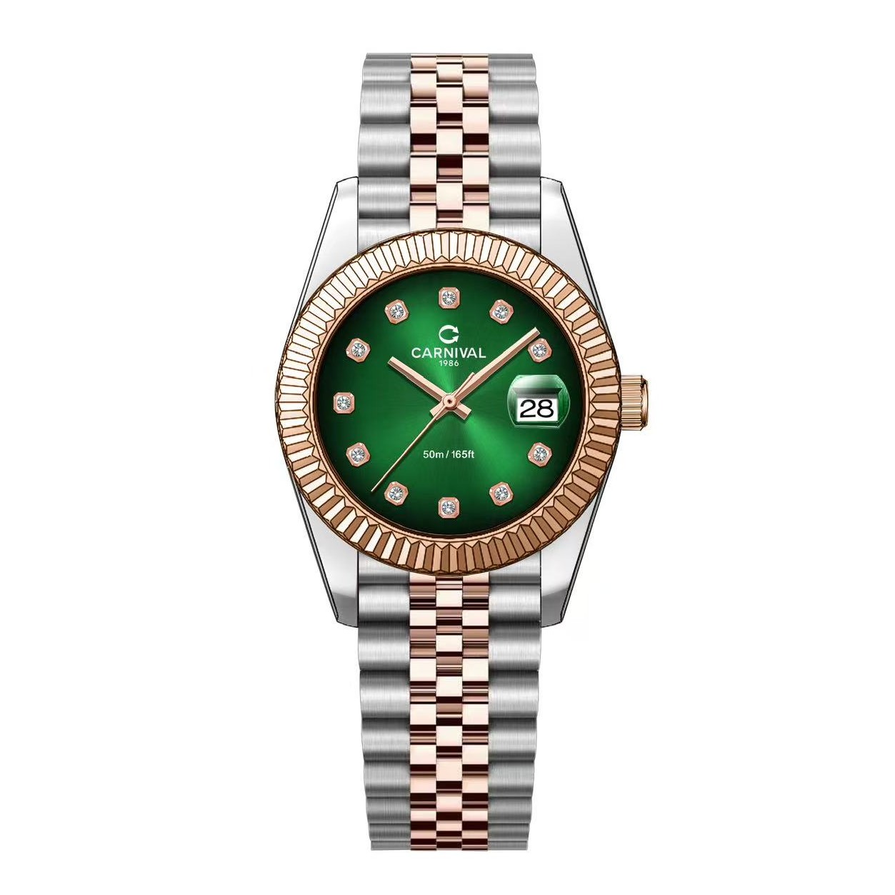 Đồng Hồ Nữ Carnival 8250L-CH-XL Demi Vàng Hồng Mặt Xanh Lá Size 30mm Quartz Japan