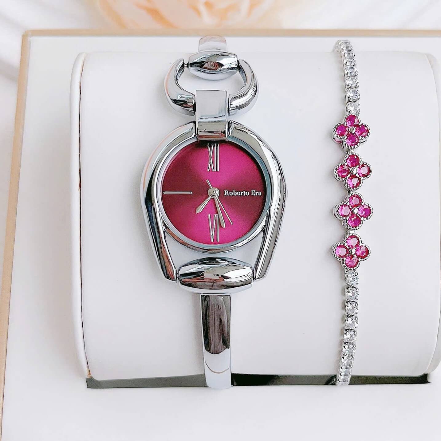 Set Đồng Hồ Lắc Tay Nữ Roberto Era Horsebit Mặt Tím Size 28mm - RE9101