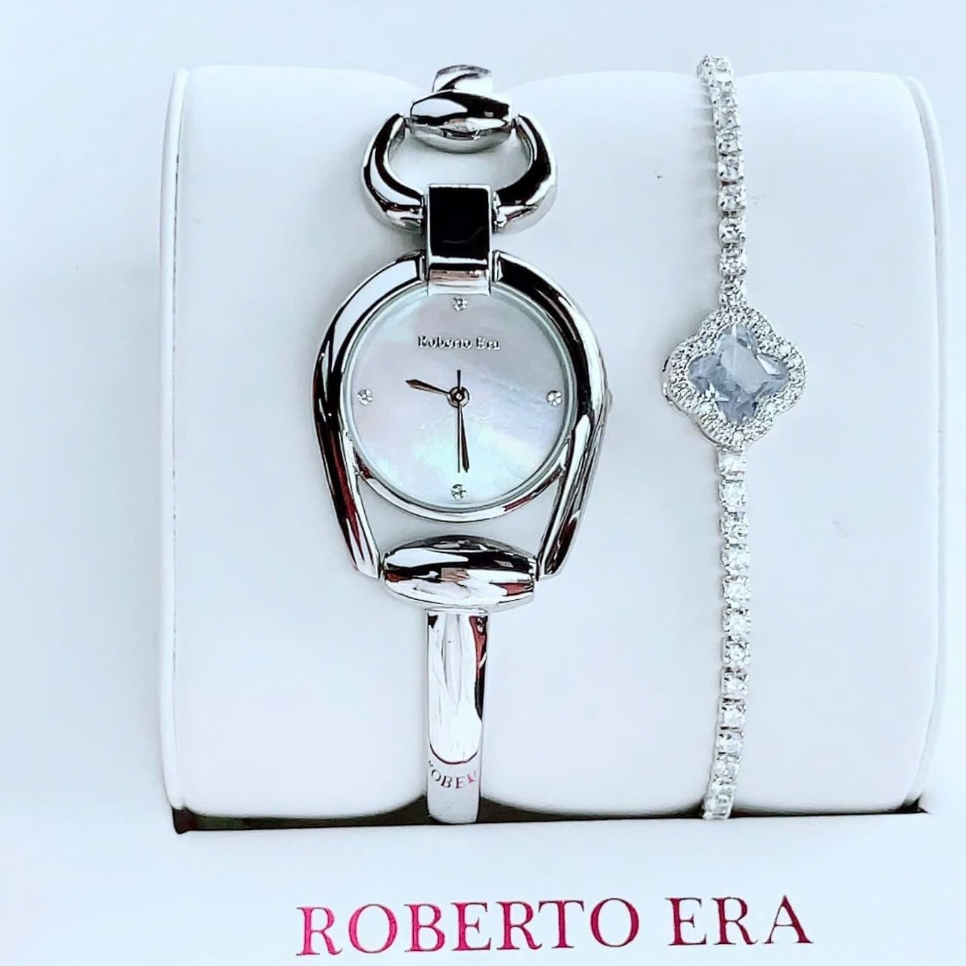 Set Đồng Hồ Lắc Tay Nữ Roberto Era Horsebit Mặt Xà Cừ Trắng Size 28mm - RE9103