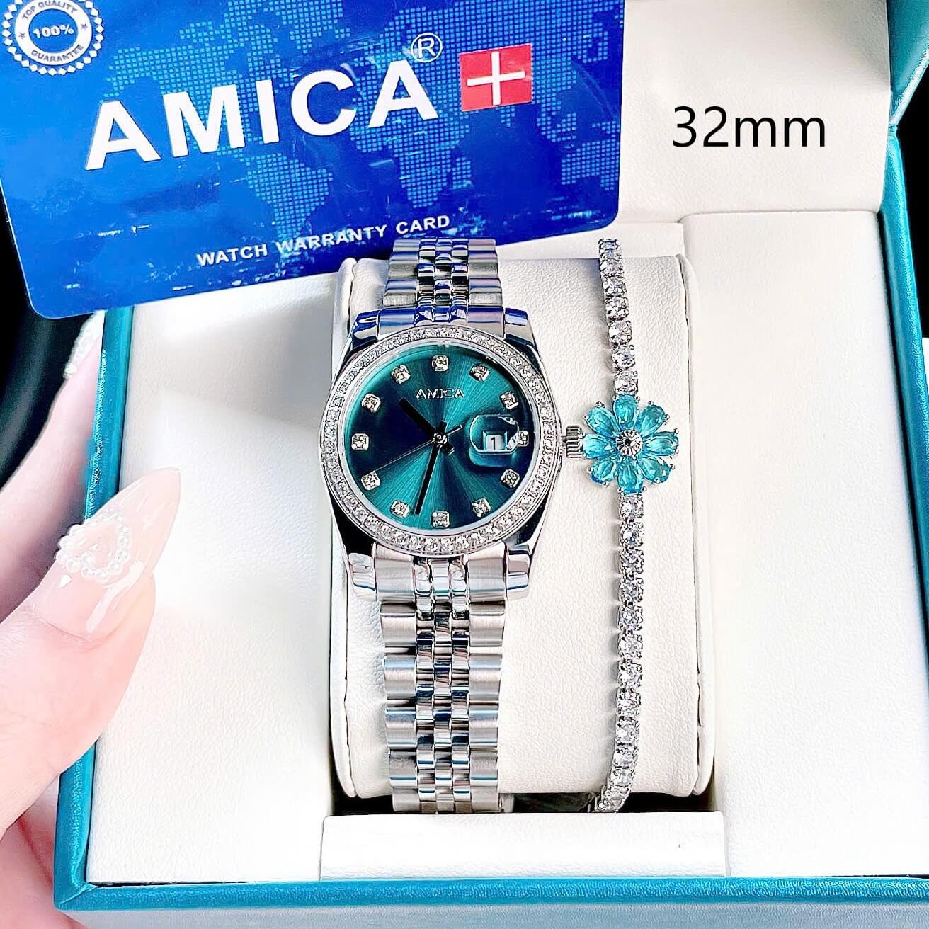 Set đồng hồ nữ Amica chính hãng màu bạc mặt xanh pastel size 32mm - Đồng hồ Amica A059